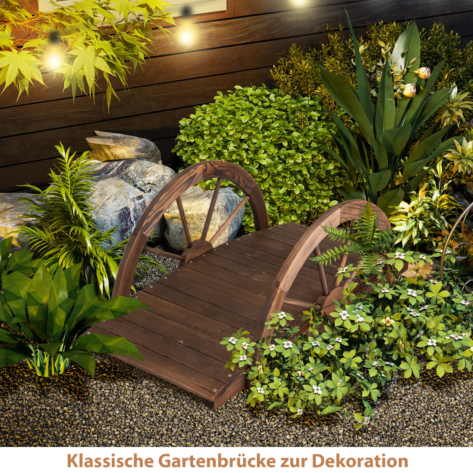 COSTWAY Brücke, Teichbrücke Gartenbrücke, Holzbrücke mit doppeltem Halbradgeländer, Dekobrücke Holzsteg aus Tannenholz, Zierbrücke für Garten, Teich, 101 x 48,5 x 38 cm