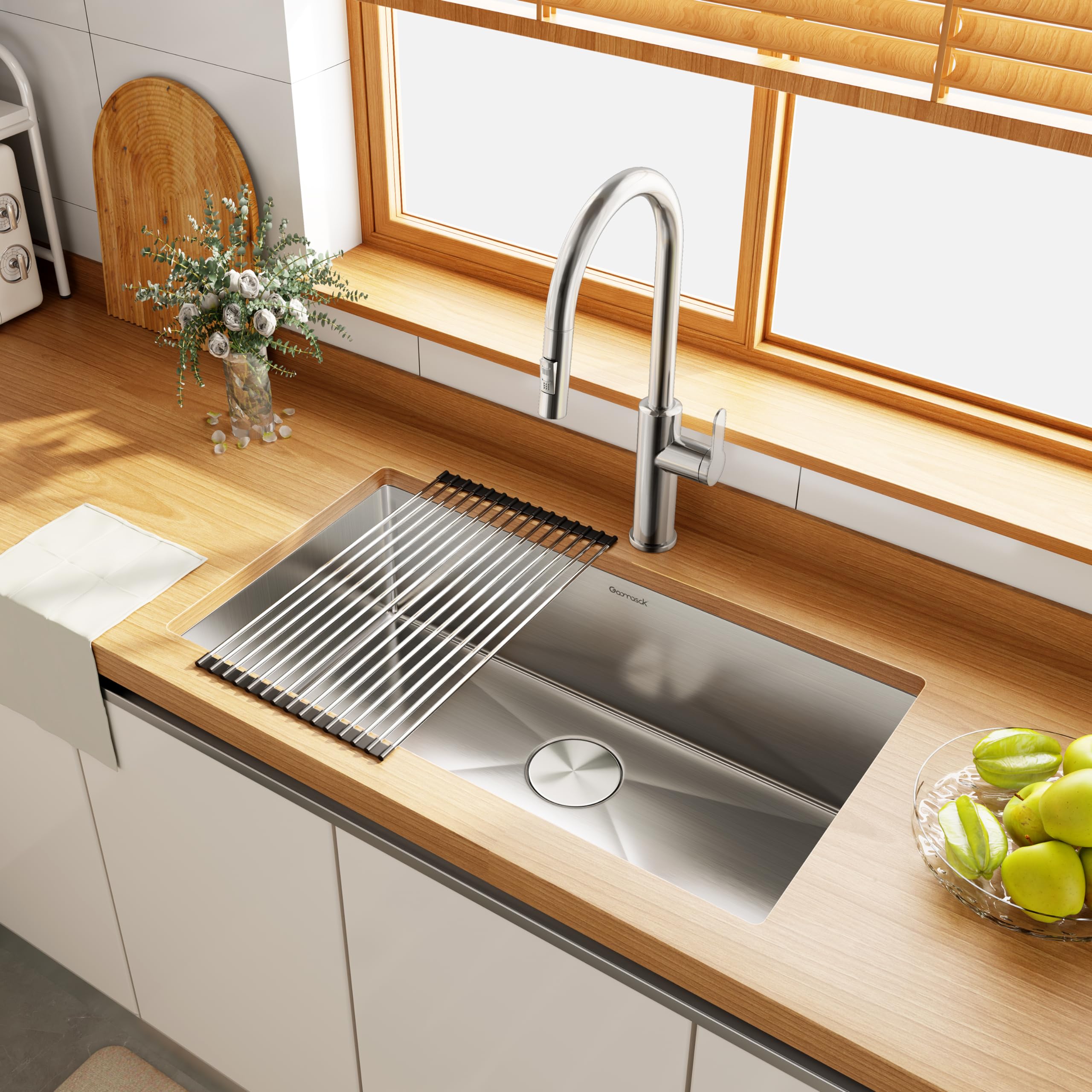 Gaomasck 33inch Kitchen Sink,33x19 Inch Single Blow Kitchen Sink,16 Gauge Undermount 304 Stainless Steel Kitchen Sink,Brushed Nickel Nano Sink,Large Size Kitchen Sink,10 In Depth