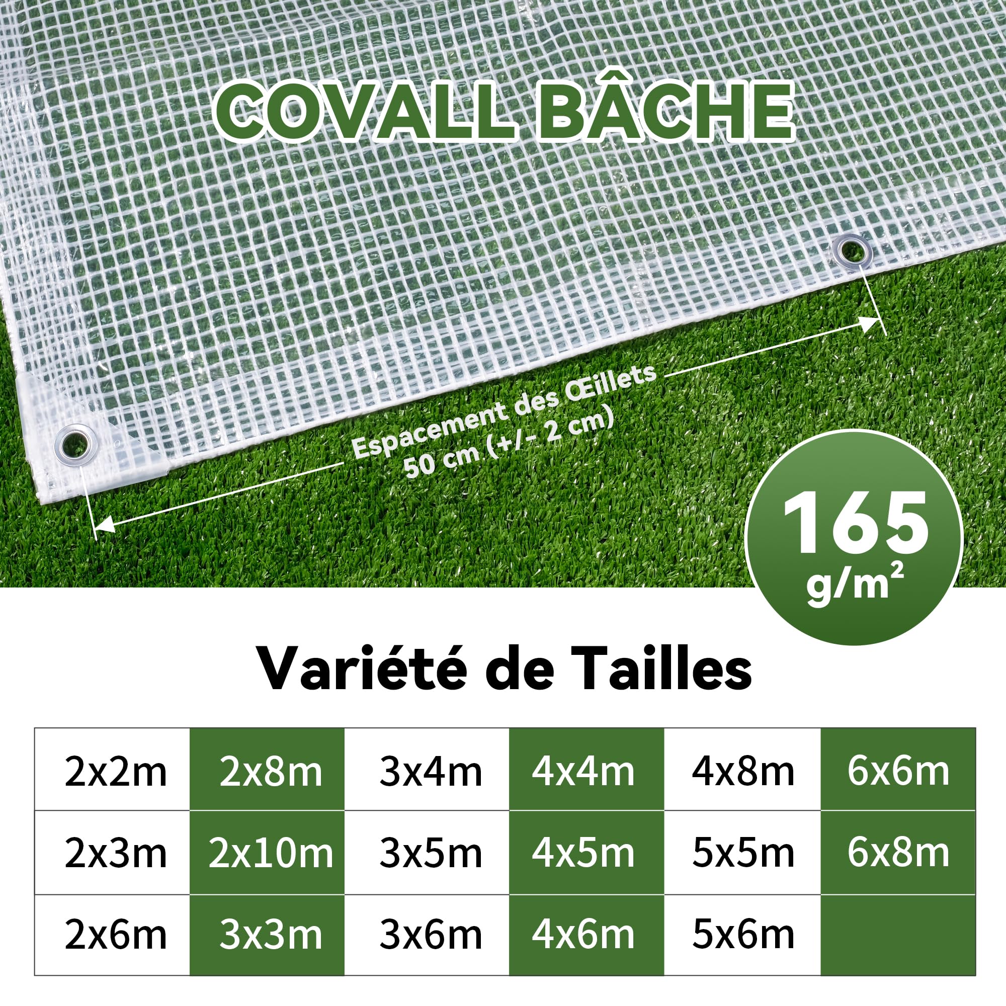 Bâche Transparente Extérieur 2x2m Dimensions Finies, avec Oeillets, Haute Résistance 165 g/m² Armée, Imperméable, Idéale pour Serre, Jardin, Poulailler et Protection Balcon Contre la Pluie