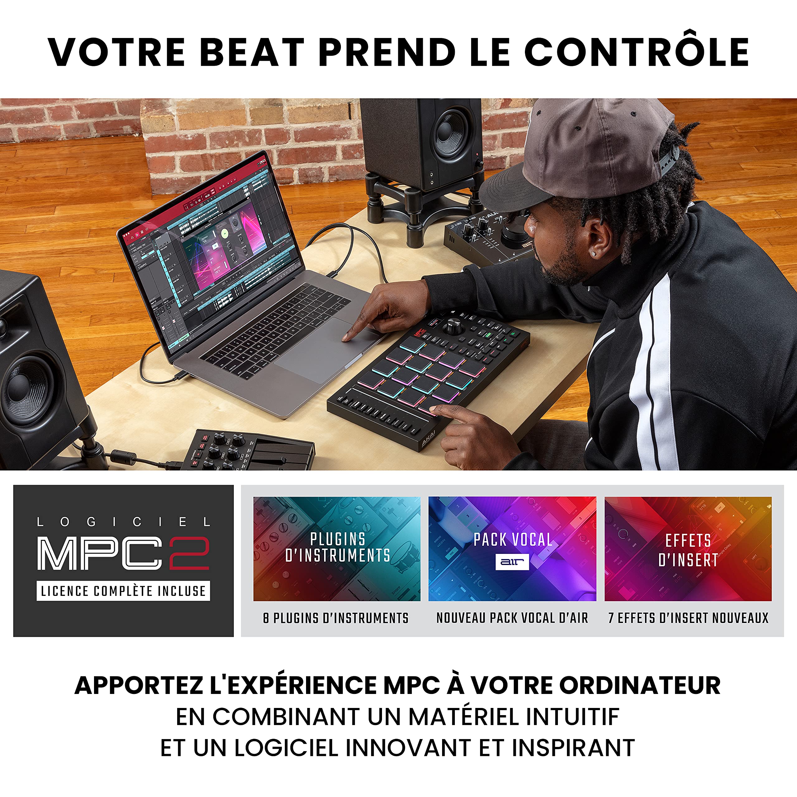 Akai Professional MPC Studio - Contrôleur MIDI Beat Maker avec 16 pads RVB sensibles à la vélocité, logiciel MPC, Touch Strip assignable et écran LCD