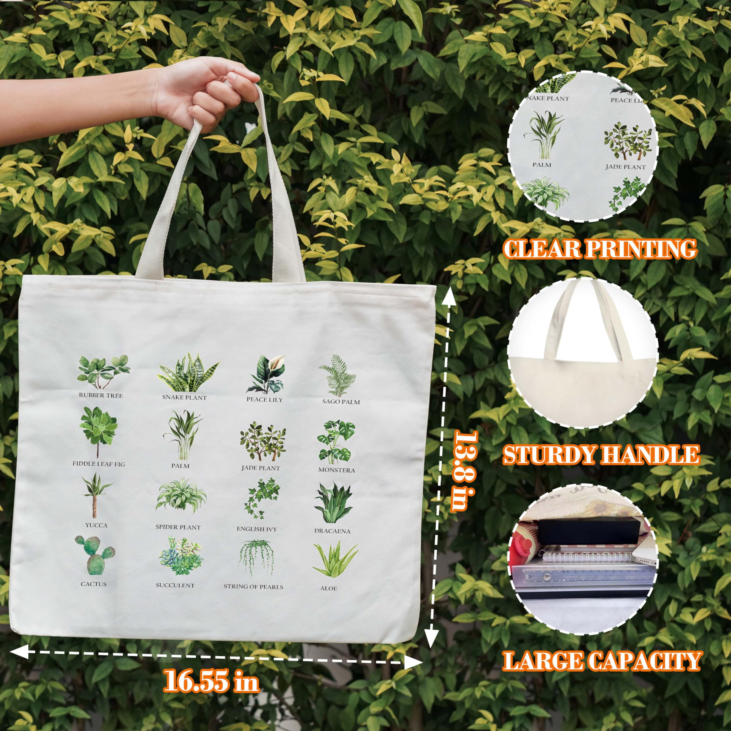 Plant Tote Bag for Women, Vegan Canvas Tote, Plant Lover Gift Bag, Just One More Plant Library Book Bag, Plantaholic Shopping Bag, Botanical Shoulder Bag Gifts for Vegetarian Plant Mom Plant Lady -63