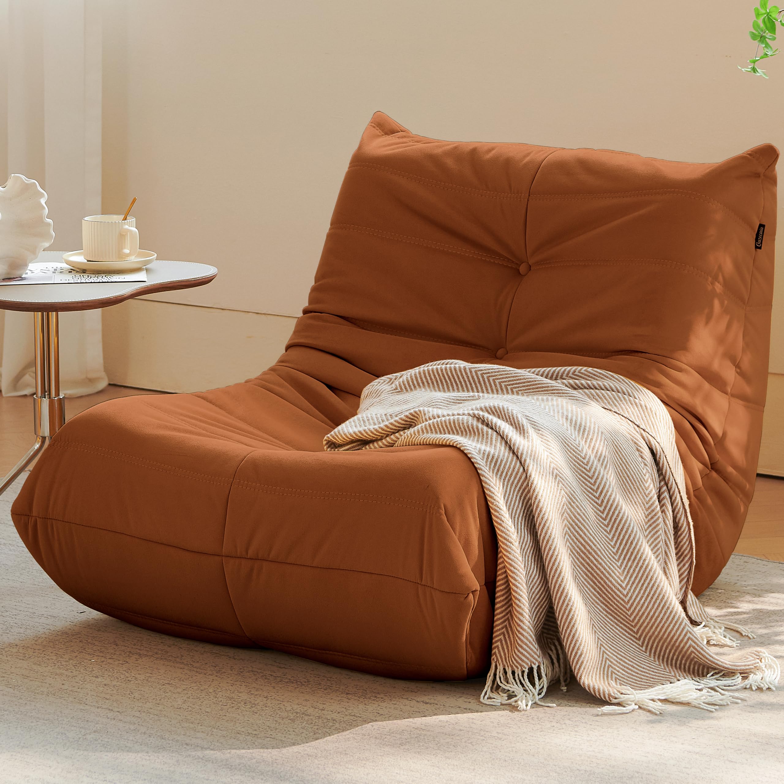 Gazecaia Bean Bag Chair for Adults,Modern Linen Fabric Fireside Chair,Premium Microfiber Caterpillar Sofa Couch,Corner Togo Lazy Chairs Sofa for Living Room/Bedroom/Salon/Office,Single,Burnt Orange
