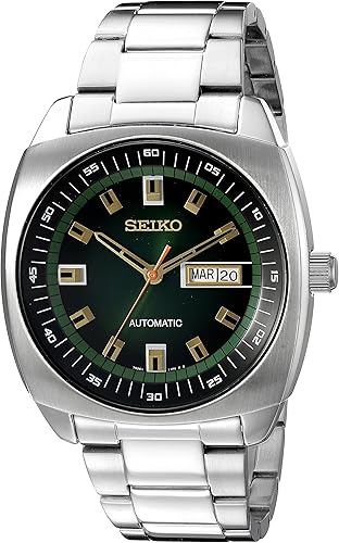 Seiko Reloj analógico de acero inoxidable plateado con marcado automático verde para hombre SNKM97