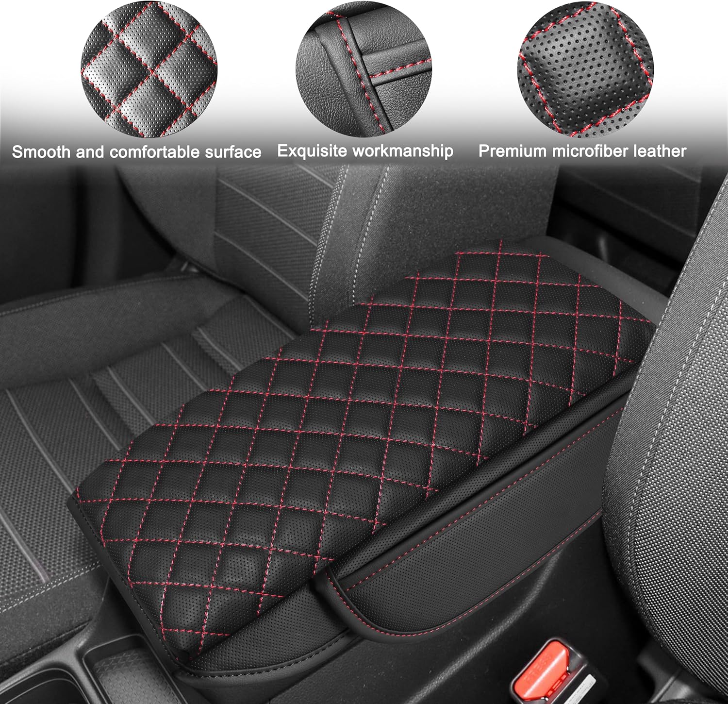 SENSHINE 1.2in Thickness Center Console Cover for Honda CRV Accessories 2023 2024 2025 2026 Middle Console Cover Leather Armrest Box Lid Protector Cushion Pad with Pockets Interior (Red Stitch)