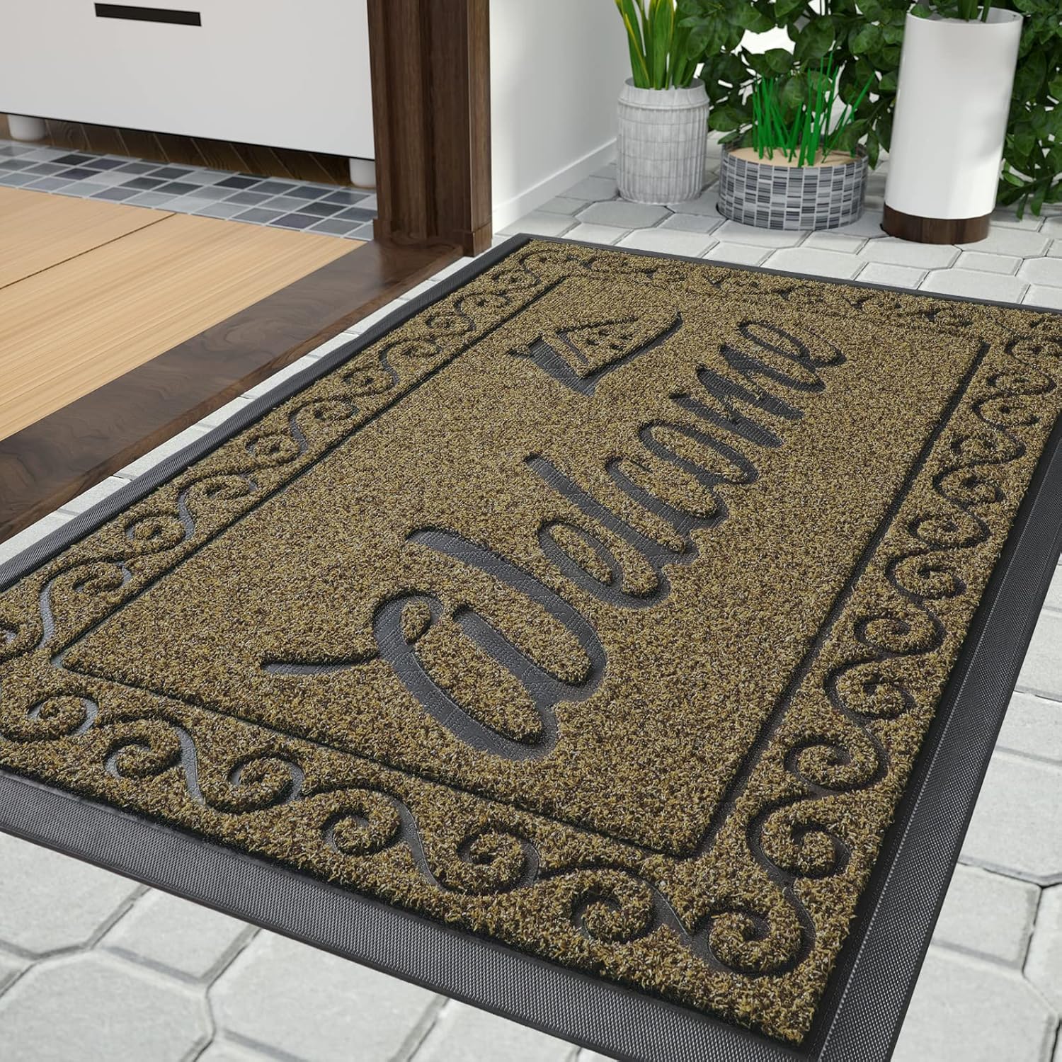 Yimobra Welcome Front Door Mat, Heavy Duty Easy Clean Doormat Indoor Outdoor, Waterproof Quick Dry Floor Mat for Home, Hign Traffic Areas, Non Slip, Low Profile, 29.5x17+36x24 Inch, Beige Brown
