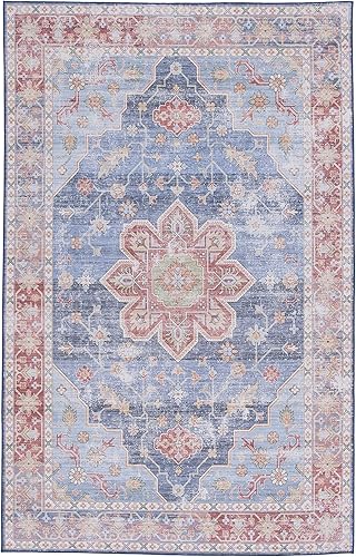 Miniatura 8 de SAFAVIEH Tucson Collection TSN110M Medallón Oriental de 2 pies 6 pulgadas x 6 pies, azul óxido, lavable a máquina, no desprende pelusa, para