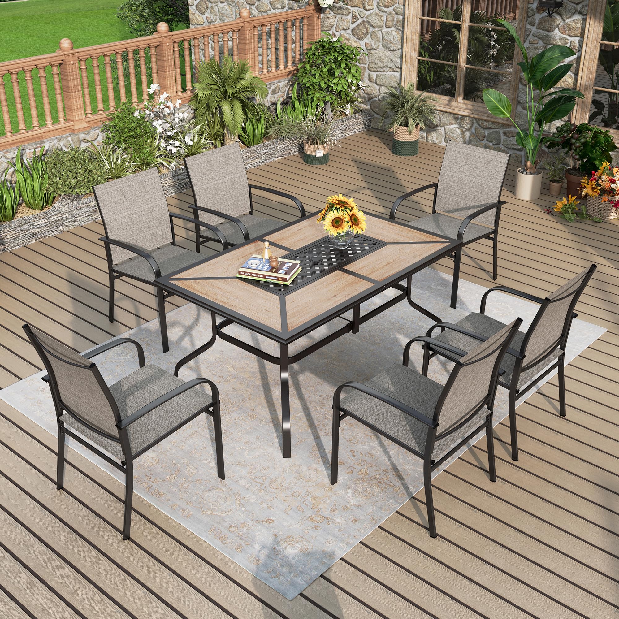 Outdoor Patio Dining Set 7 Piece Furniture Set with 6 Brown Textilene Chairs and Wood-Like Table Top Rectangular Table for Deck Garden Backyard Lawn Poolside