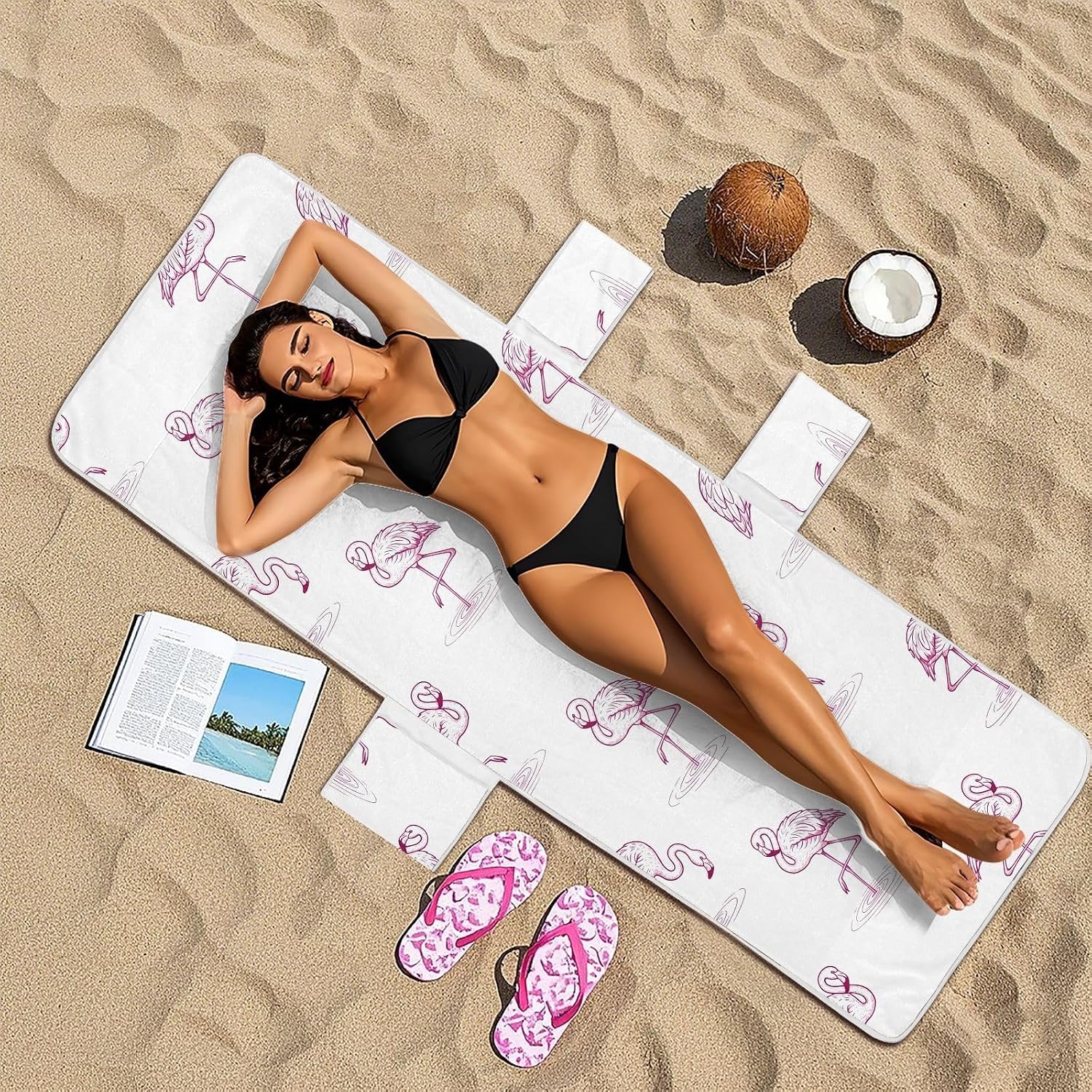 Cute Flamingo Lounge Chair Towel Cover with Side Pockets – 85x30in Foldable Chaise Cover for Beach, Pool, Patio, Spa