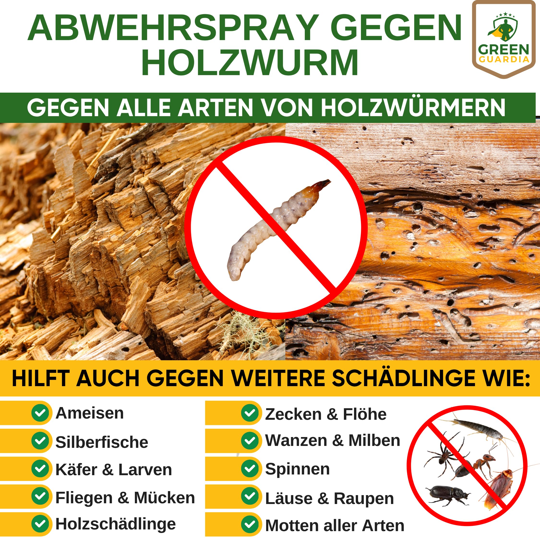 GREEN GUARDIA Holzwurm Abwehrspray 500 ml - Sprühfertiges Konzentrat mit Langzeitwirkung gegen Holzbock & Holzwurm - Mittel gegen Holzwürmer für innen - Effektives Holzwurmmittel & Holzwurmschutz