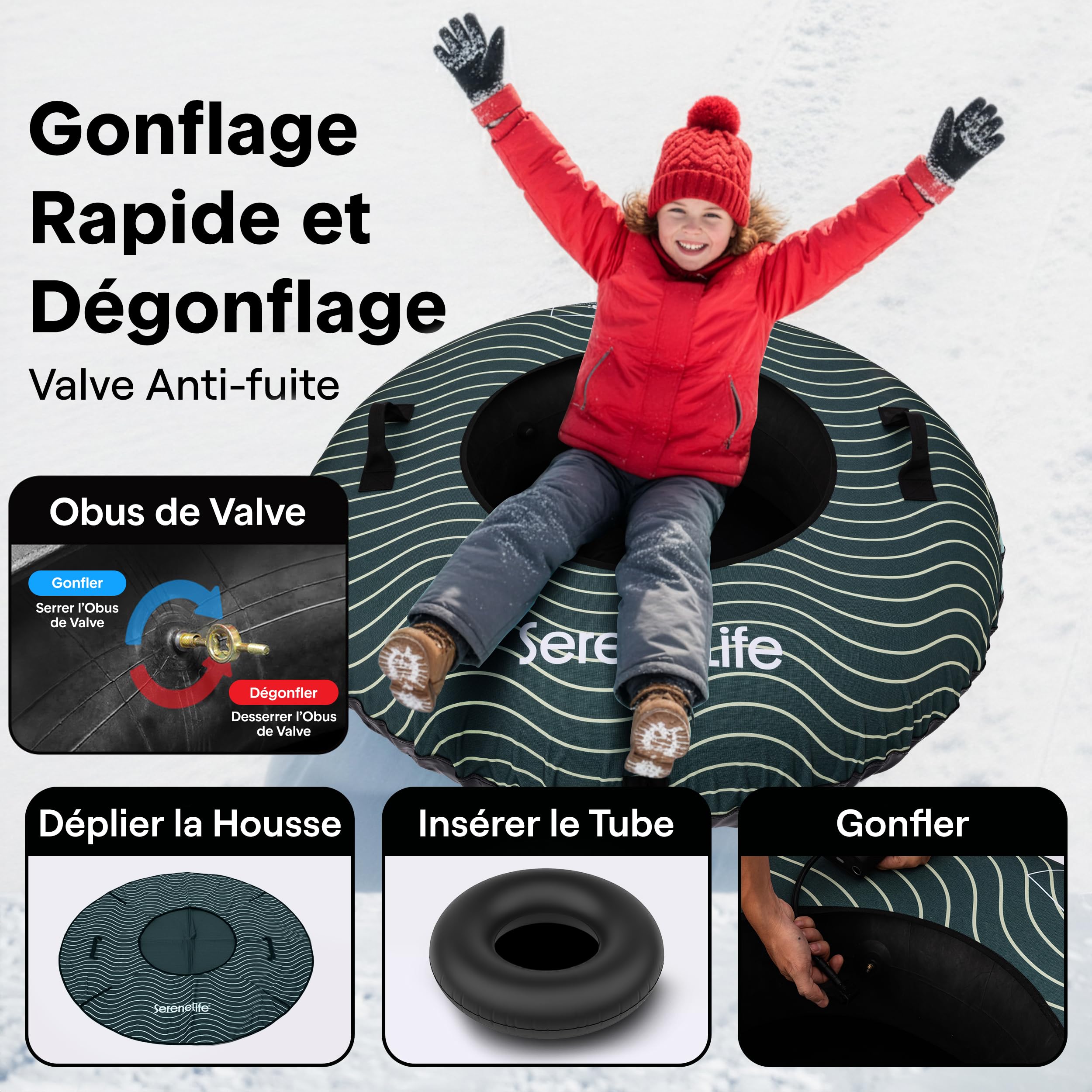 SereneLife Luge Gonflable 112/122 cm – Tube de Neige Résistant avec Coque Rigide et Housse Oxford – pour Enfants et Adultes