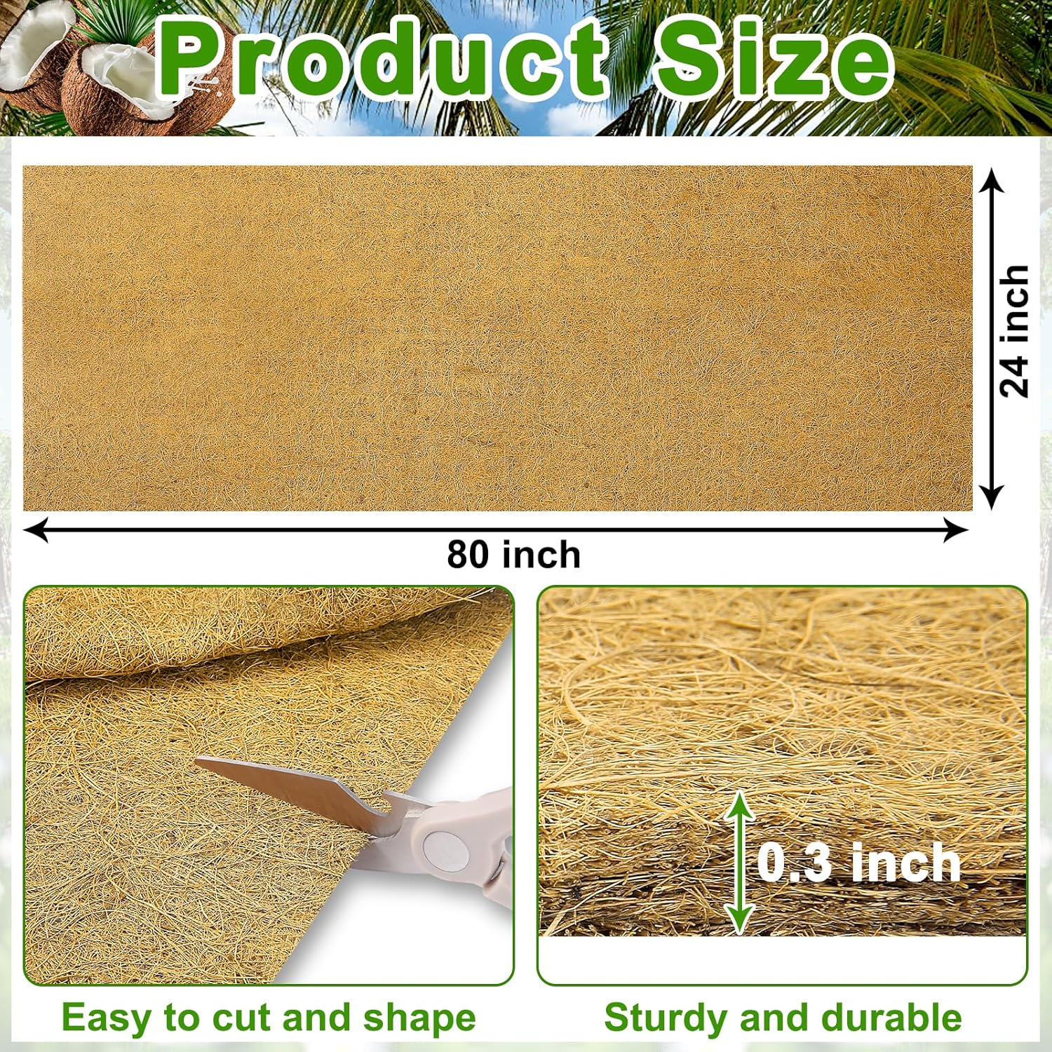 Coconut Liners for Planters 24x80 Inch, Natural Coco Liners for Planter Flower Basket, Thick Coco Fiber Mat for Garden Decoration, Hanging Basket, Animal pet pad