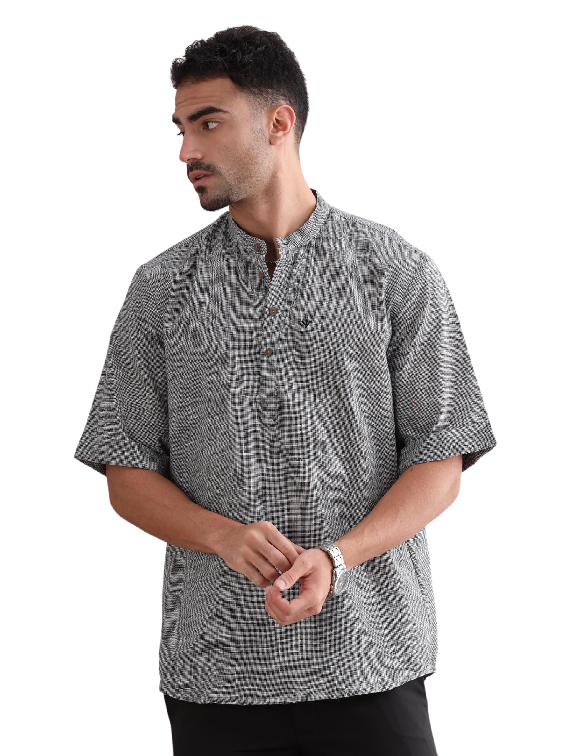 filori Men's Pure Cotton Self Textured Short Kurta | Half Sleeves | Mandarin Collar | Button Closure | Regular Fit-picture-26