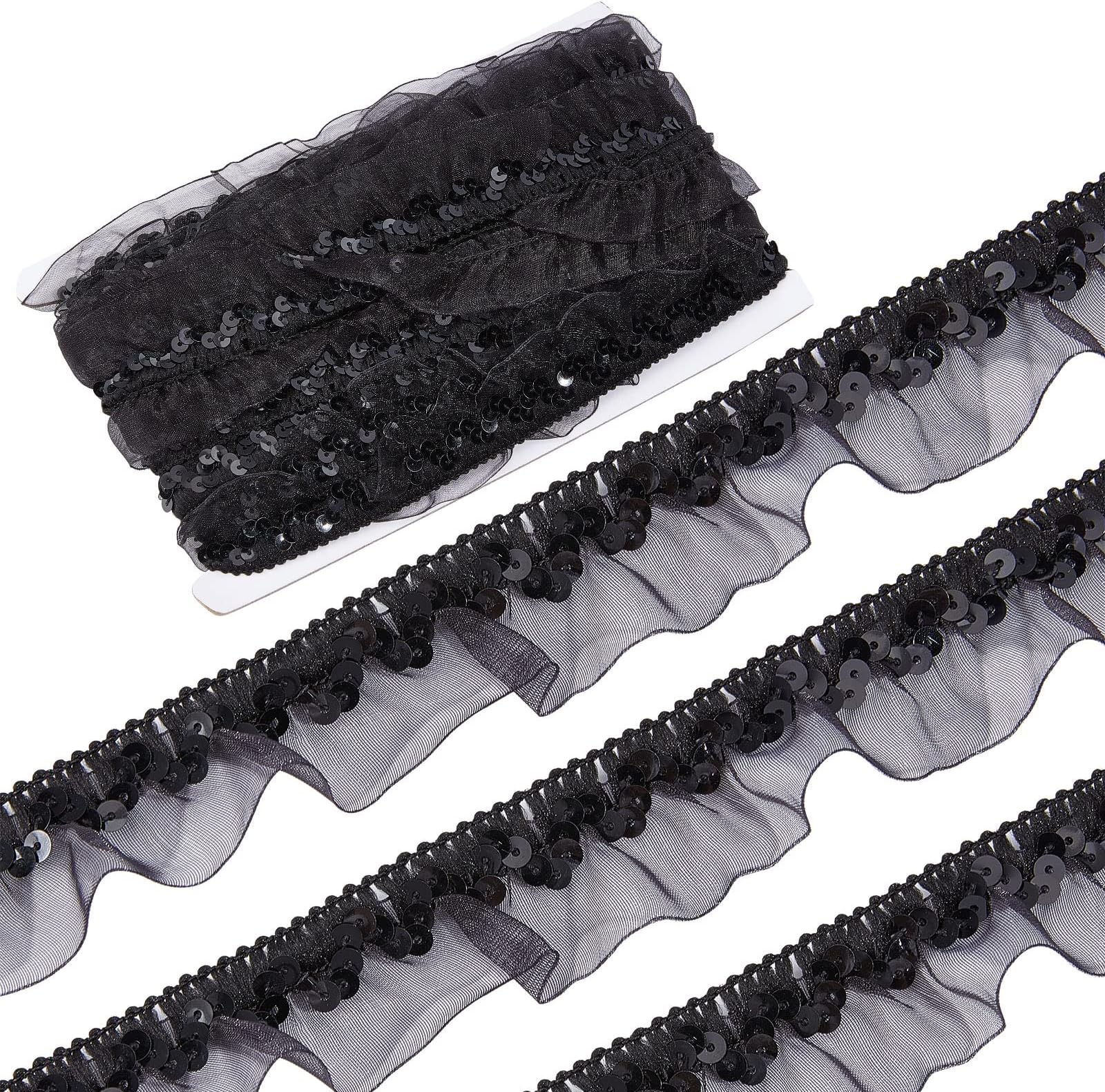 GORGECRAFT 13Yds Black Pleated Ribbon Trim Organza Lace Fabric Sequin Ribbon Elastic Floral 1-1/8" Chiffon Lace Edge Stretch Applique for Sewing Gift Package Wrapping Cloth Crafts Embellishments
