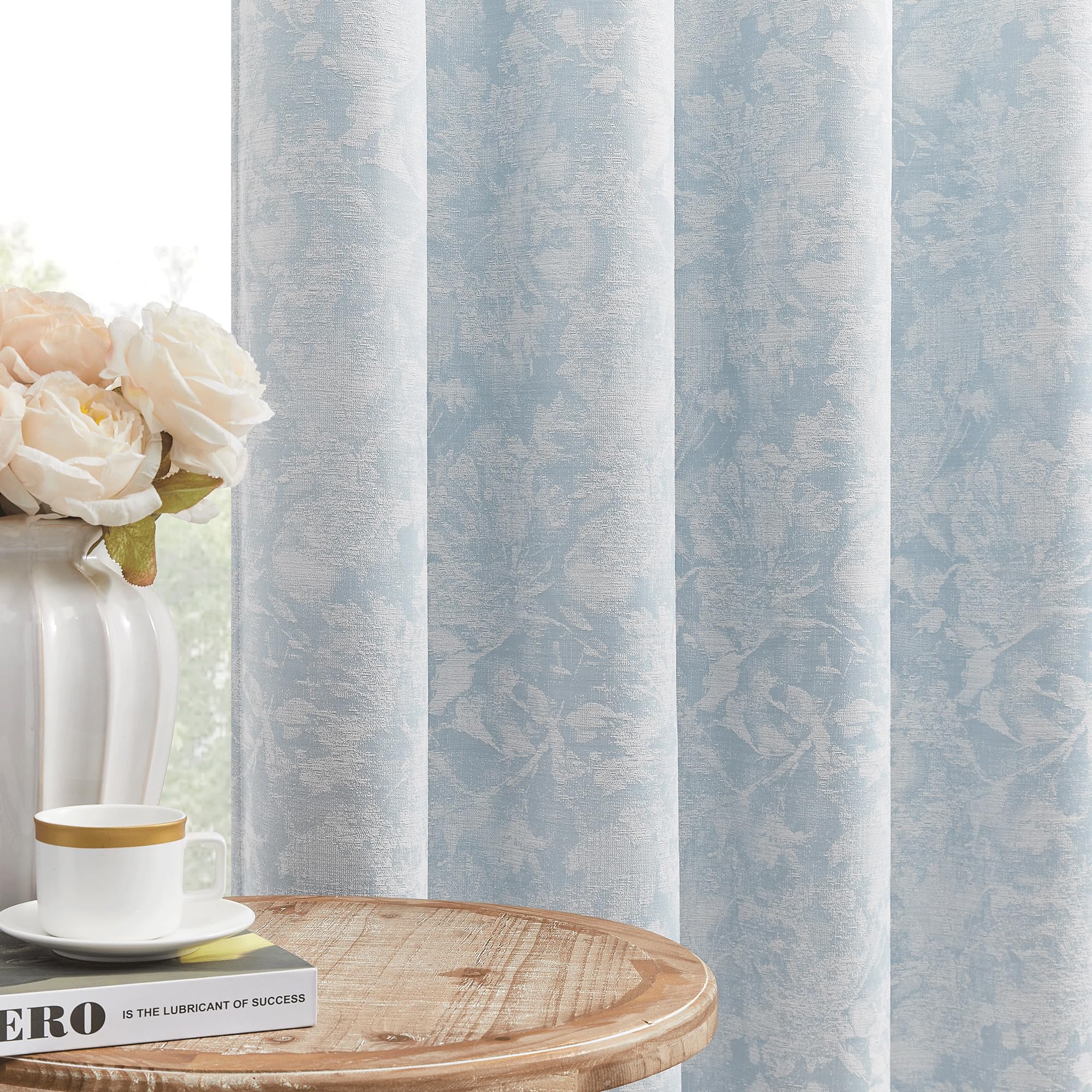 Beauoop Blue Floral Blackout Curtains for Bedroom 72 Inch Jacquard Flower Curtains for Living Room Darkening Eyelet Curtain Thermal Insulated Window Curtain Drapes 2 Panel
