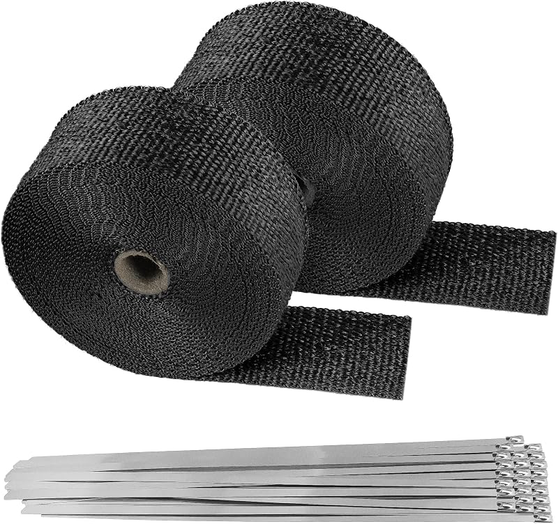 Fita térmica para escapamento Deecam em fibra de vidro preta 2" x 50' – Kit com 2 rolos e 24 abraçadeiras