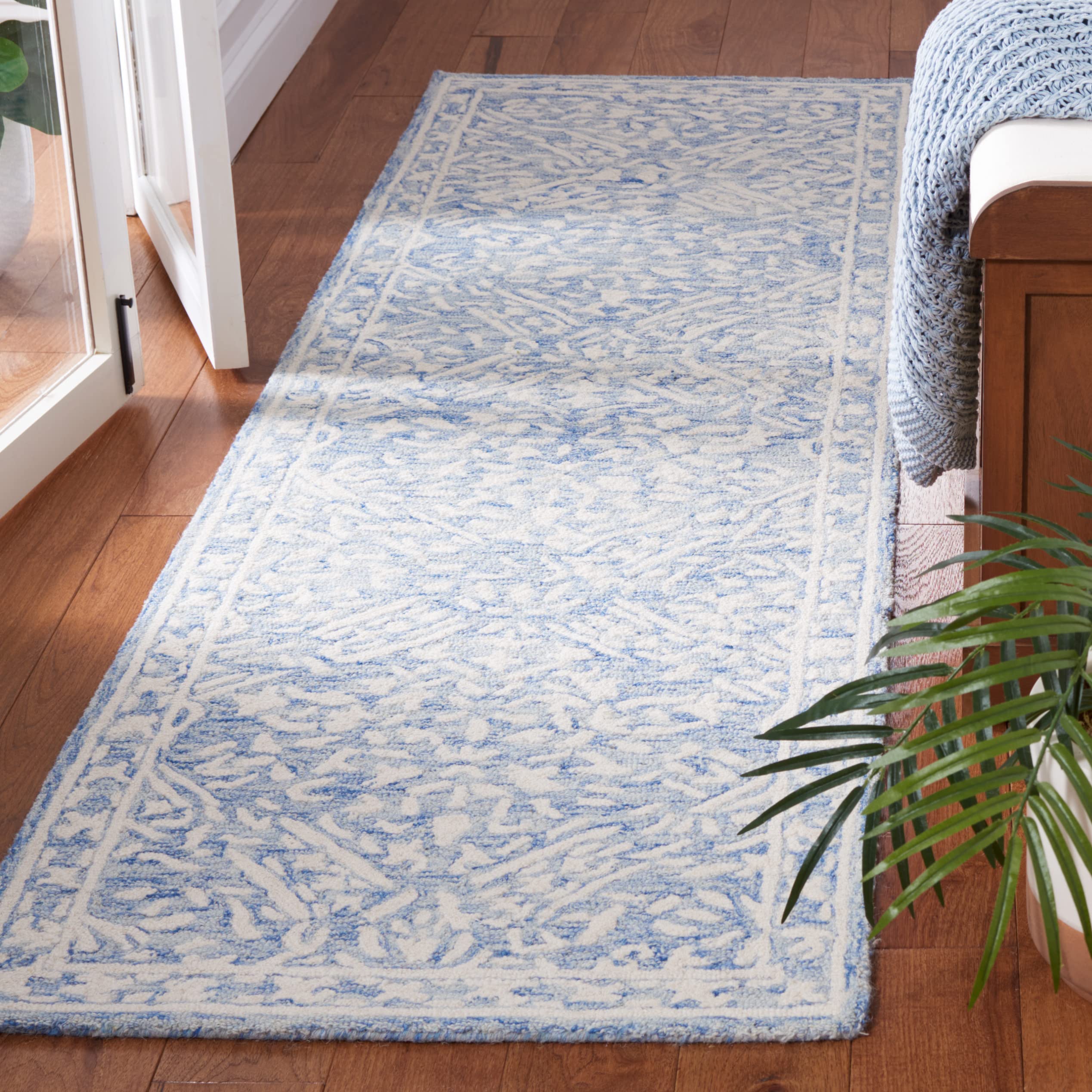 SAFAVIEH Micro-Loop Collection Runner Rug - 2'3" x 8', Blue & Ivory, Handmade French Country Wool, Ideal for High Traffic Areas in Living Room,