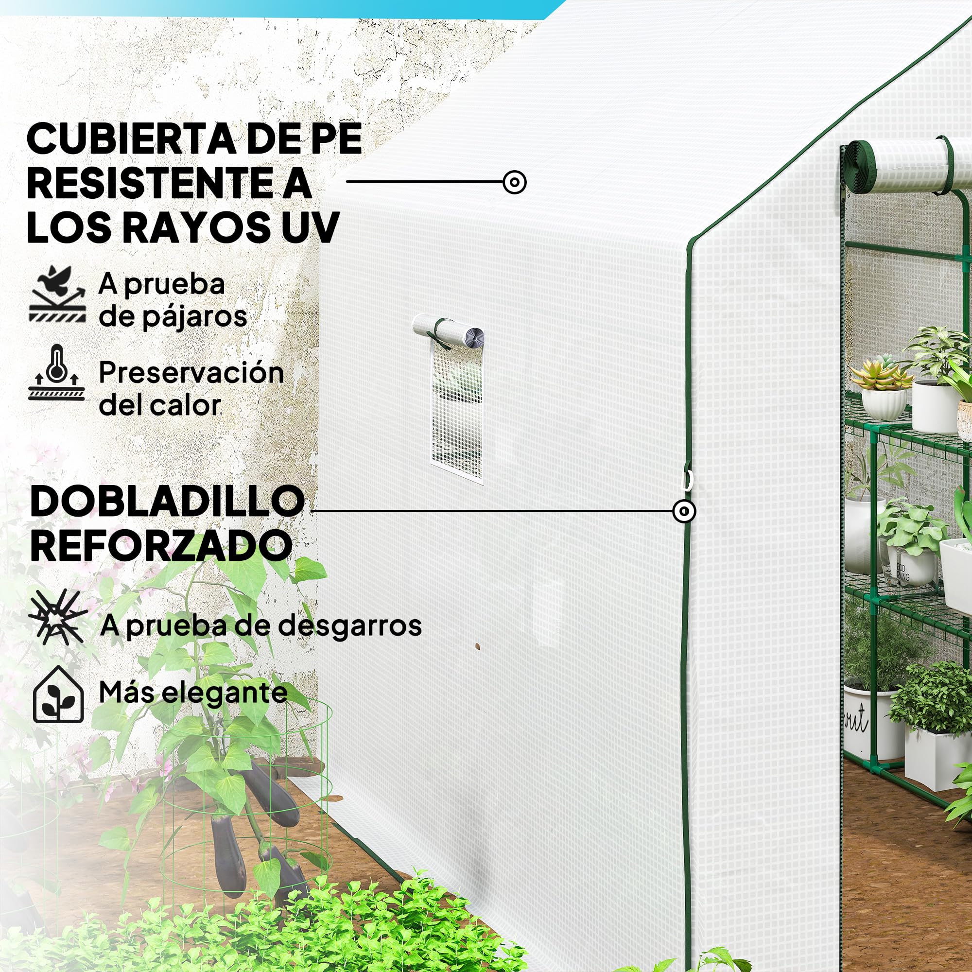 Outsunny Invernadero de Jardín de 3 Niveles Exterior 140x213x190 cm Blanco | 12 Estantes, Puerta Enrollable, Ventanas, Anti-UV, Cubierta PE 135g/m², Cultivos, Plantas, Flores