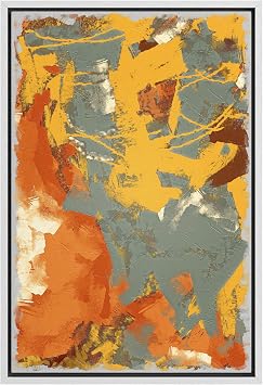 SIGNFORD Framed Canvas Wall Art Yellow, Orange, Gray, Brown and Gray Color Blocks Abstract Brushstroke Oil Painting Minimalism Modern Expressive for Living Room, Bedroom, Office - 16x24 inches