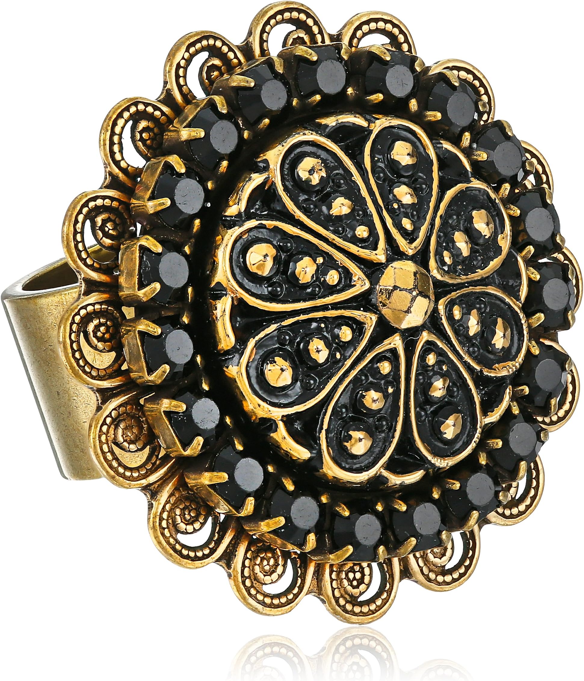 "Piedras" Swarovski Crystal and Marcasite Gold-Plated Button Ring, Size 7