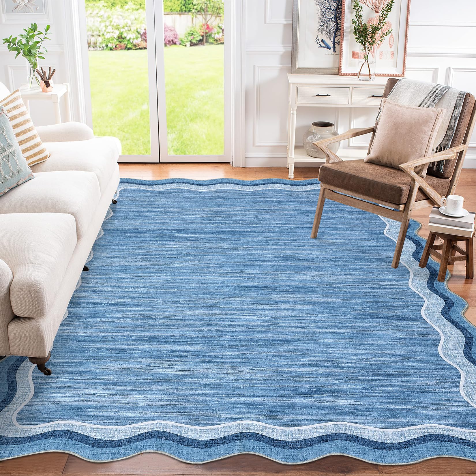 GarveeHome Scalloped Washable Rug 9x12 Area Rugs for Living Room Modern Solid Carpet for Bedroom Abstract Irregular Scalloped Non-Slip Low-Pile Accent