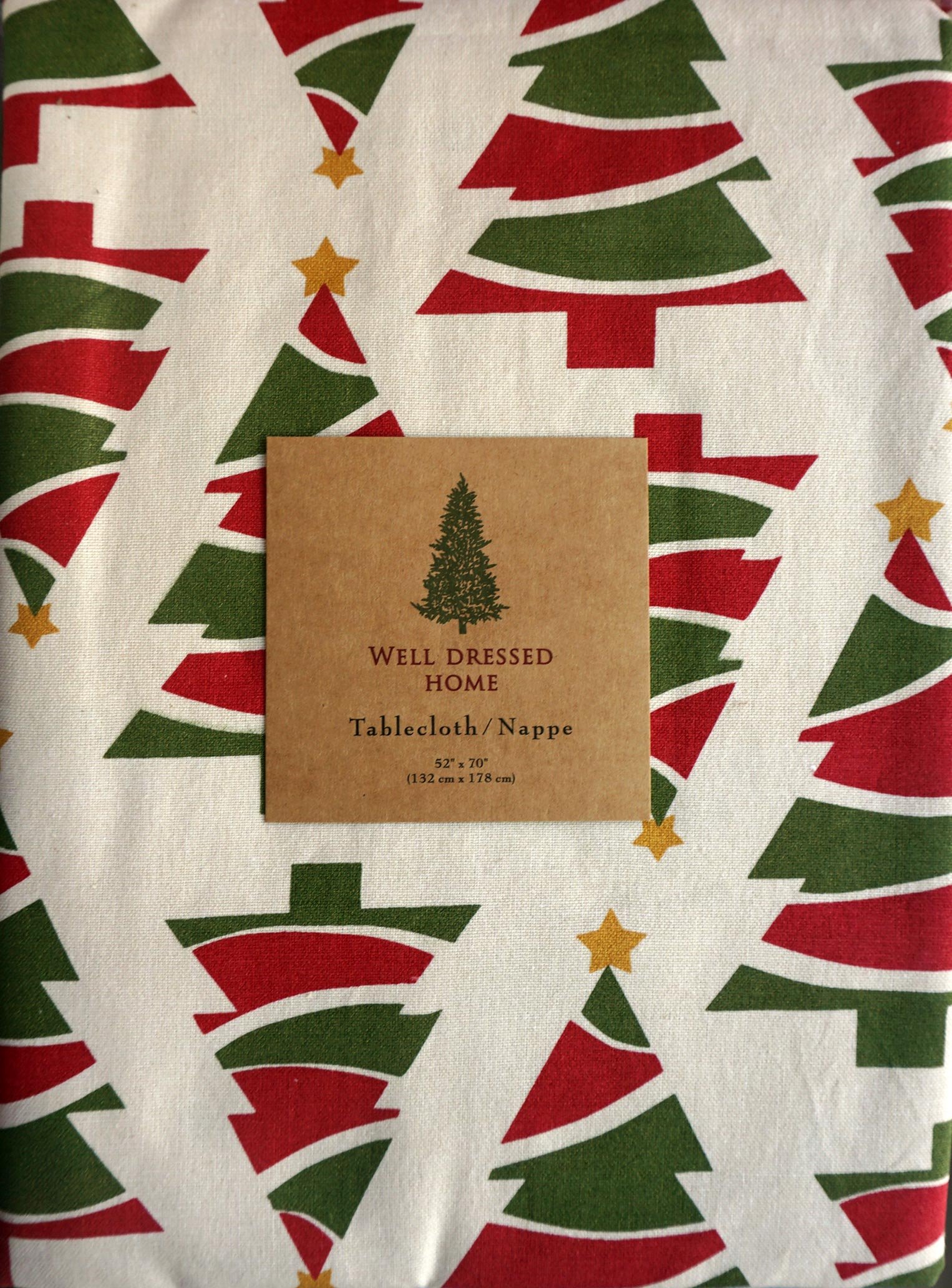 Well Dressed Home Fabric Tablecloth Holiday Red Green Christmas Trees with Gold Stars on a Cream Background 60 Inches by 118 Inches : Home & Kitchen