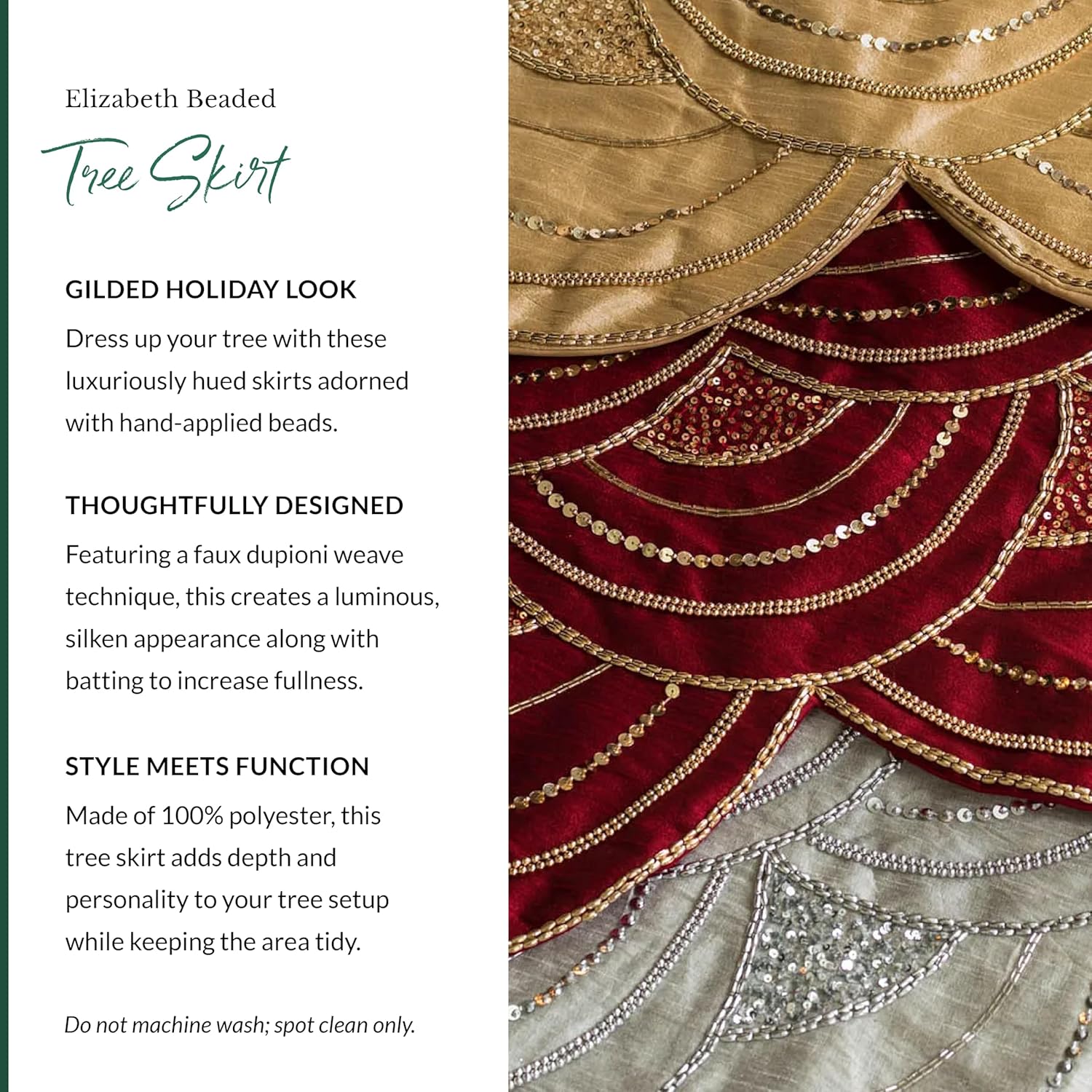 Balsam Hill Elizabeth Beaded Christmas Tree Skirt - Cranberry, Silver & Gold Luxury Tree Skirts with Hand-Applied Beads for Tree Decor, Silver, 60"