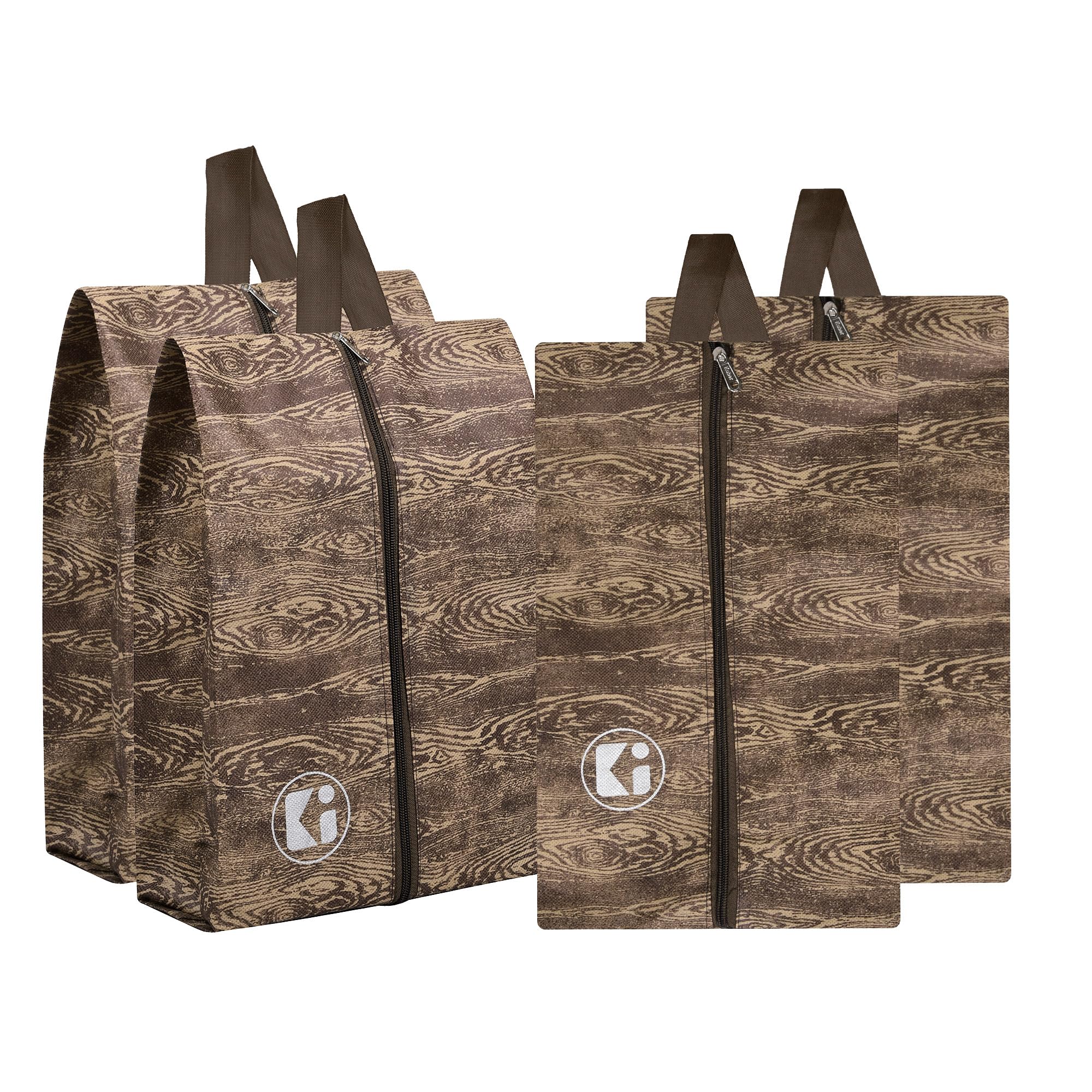 Pack of 4 Travel Organizer | Shoe Cover for Travel-Hiking-Adventure | Toiletry Pouch with Chain | Travel Shoe Carrying Bag | Multipurpose Storage Organizer | Wooden-Print | Brown-image-11