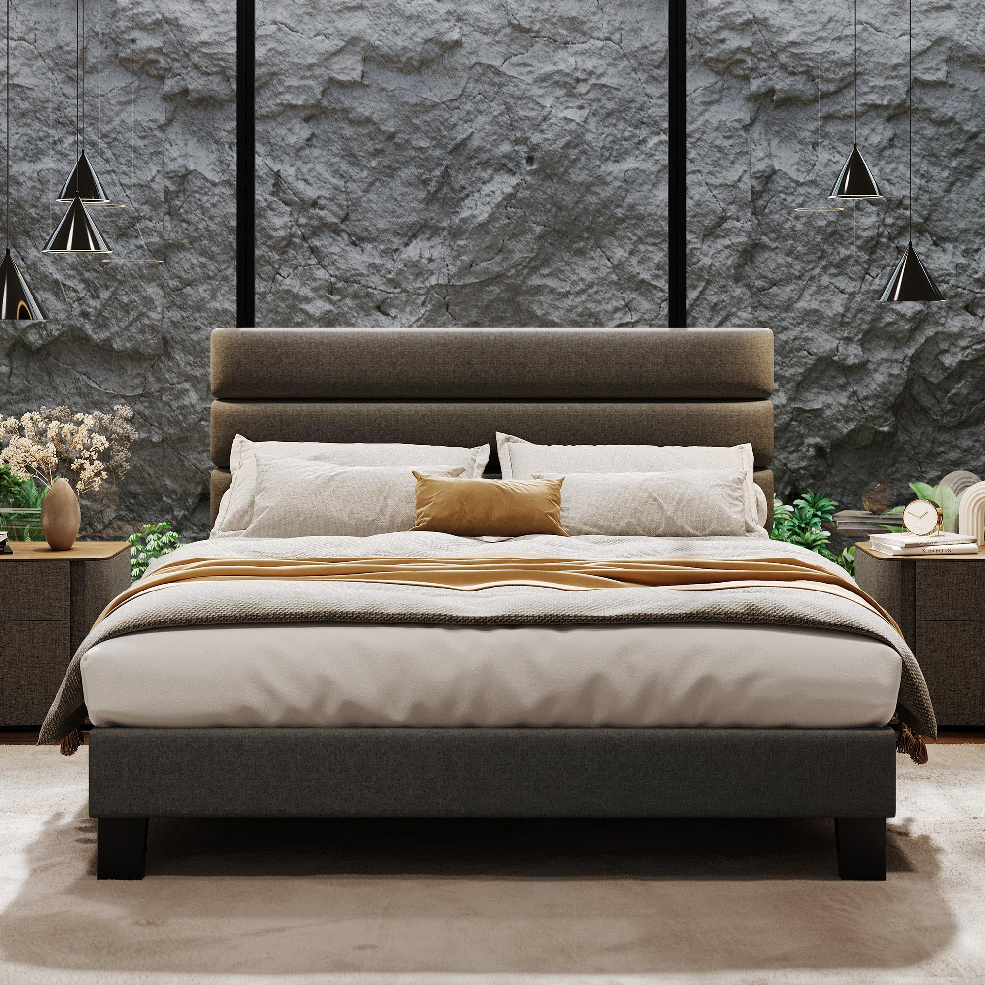 CABIHOME Queen Bed Frame Platform Bed with Linen Fabric Upholstered Adjustable Headboard and Wooden Slats Support, Heavy Duty Mattress Foundation, No