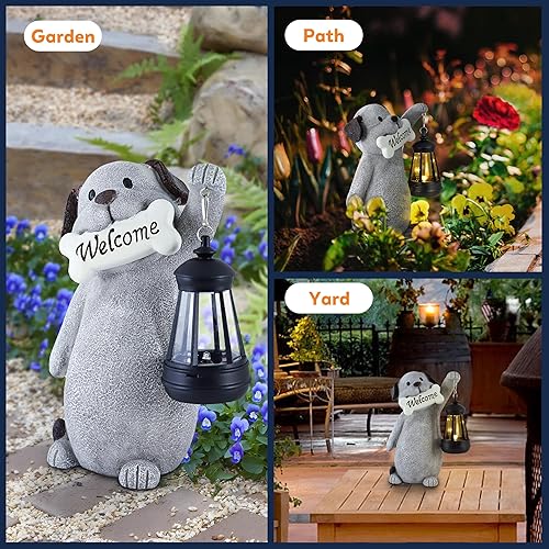 Miniatura 6 de Estatua solar de jardín para perros con luz de linterna, estatua de perro al aire libre de 9.2 pulgadas para decoración de patio, jardín, bonito