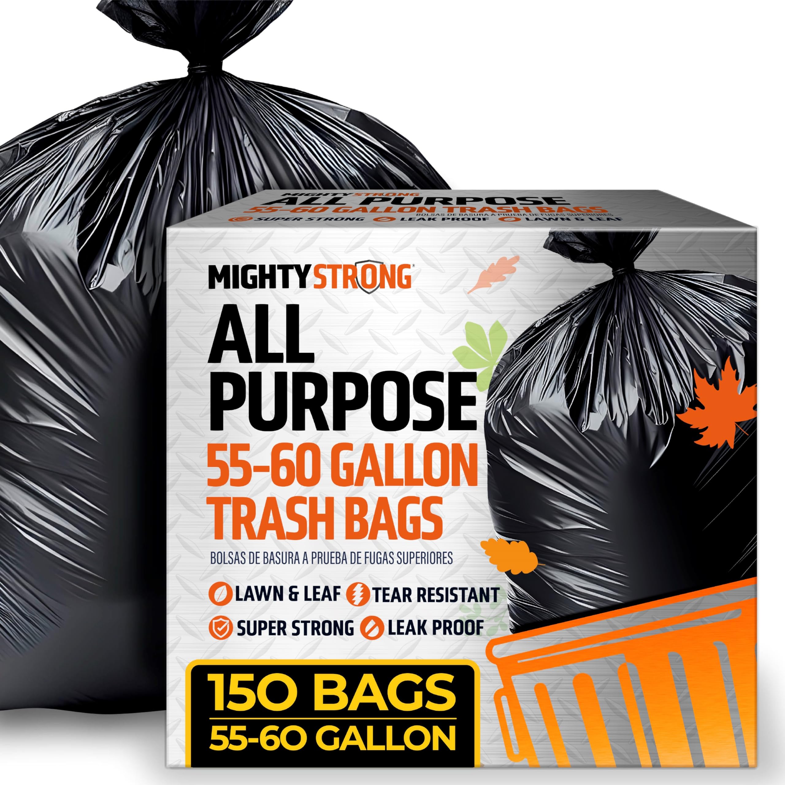 150 Pack 55 Gallon Trash Bags - Black Large Garbage Bags | Extra Large 50-60 Gallon Lawn and Leaf Bags | Heavy Duty Plastic Outdoor Yard Waste Bags - Packing May Vary