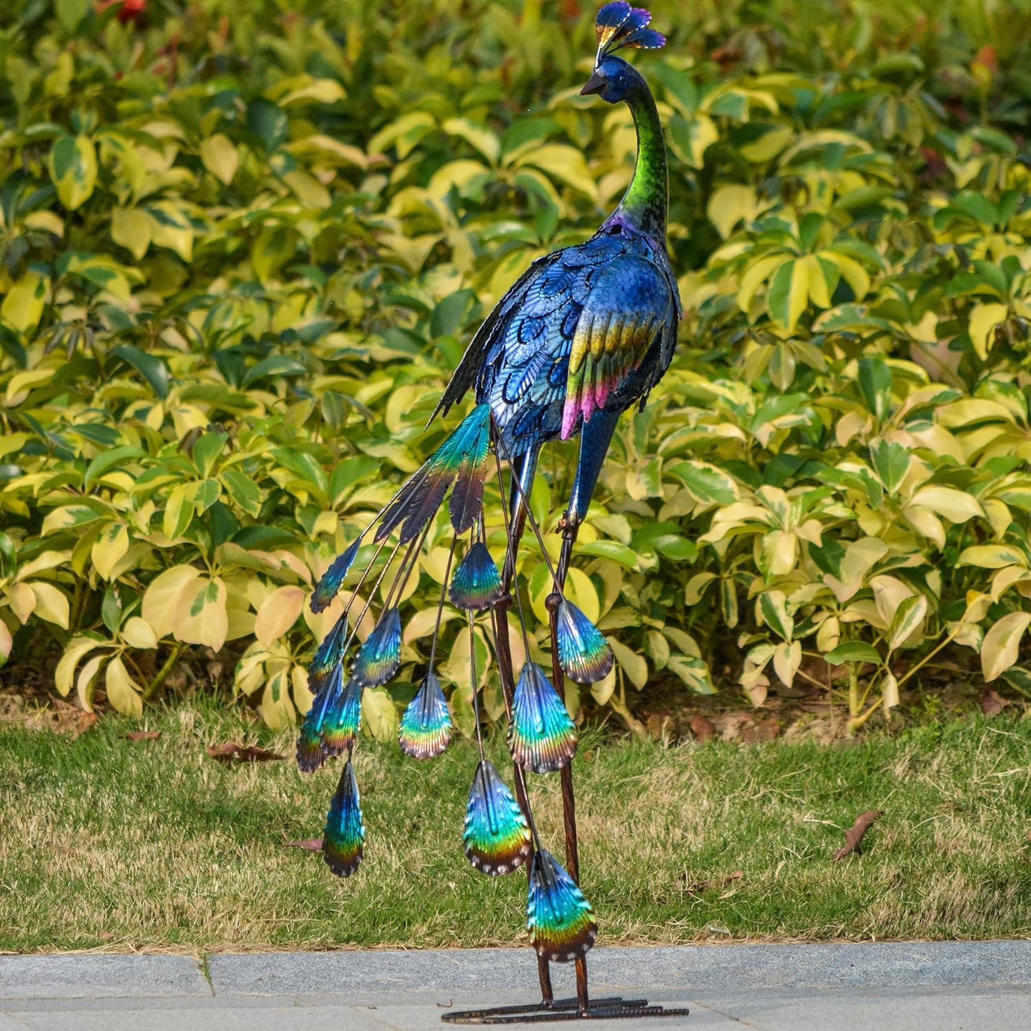TERESA'S COLLECTIONS Outdoor Decor Peacock Yard Art Garden Sculptures & Statues for Porch Decor,35'' Blue Large Metal Bird Garden Decor for Outside, Yard Decorations Outdoor for Patio,Gifts for Mom