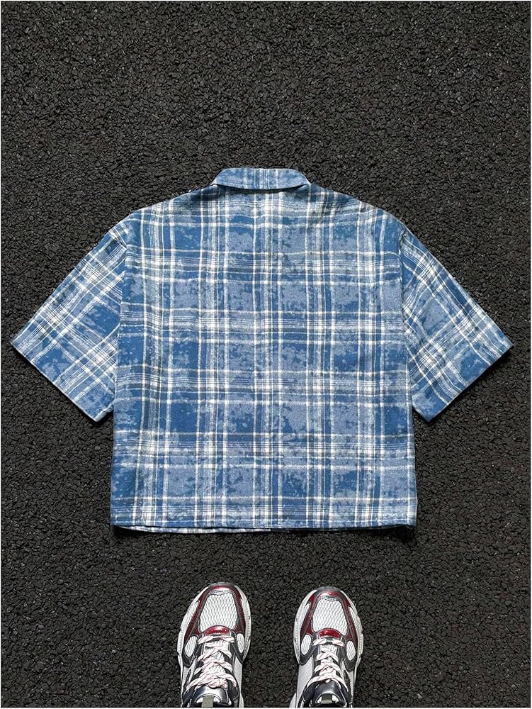 Amazon.com: Verdusa Men's Plaid Cropped Shirt Drop Shoulder
