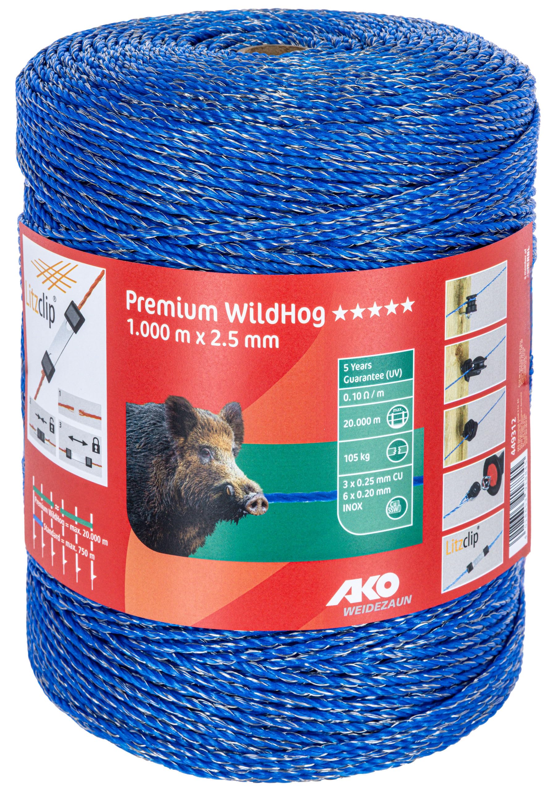 AKO Weidezaunlitze Premium WildHog 1.000 m,Litze, Weidezaunlitze, blau,1000 m,blau,6 x 0,2 mm,3 x 0,25 mm, 9105 kg,Wildschwein,5 Jahre Garantie UV-Stabilität, 449313