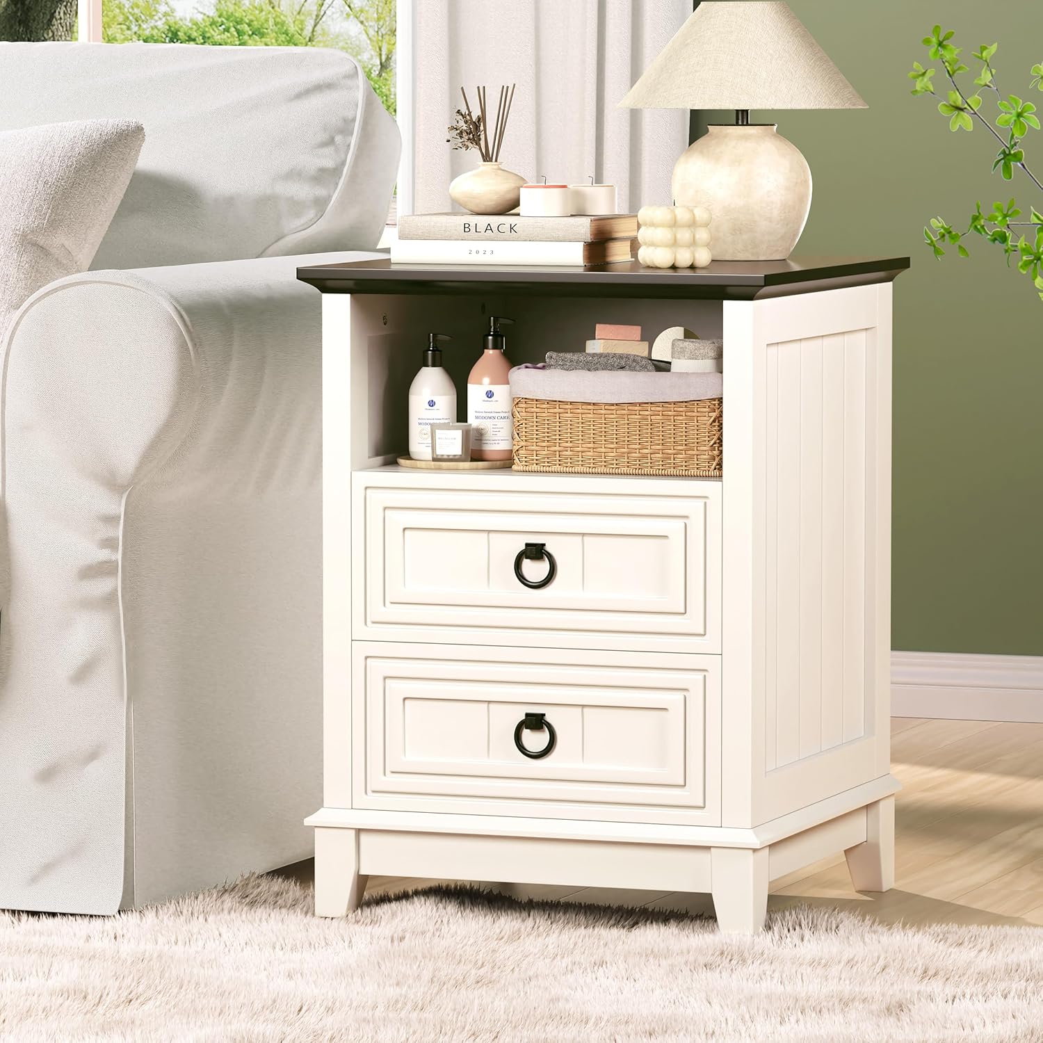 Farmhouse Nightstand, 24" Wooden Couch Side Table with 2 Drawers & Open Shelf, Rustic End Table for Bedroom & Living Room, Bedside Space-Saving Accent Storage Cabinet (White)