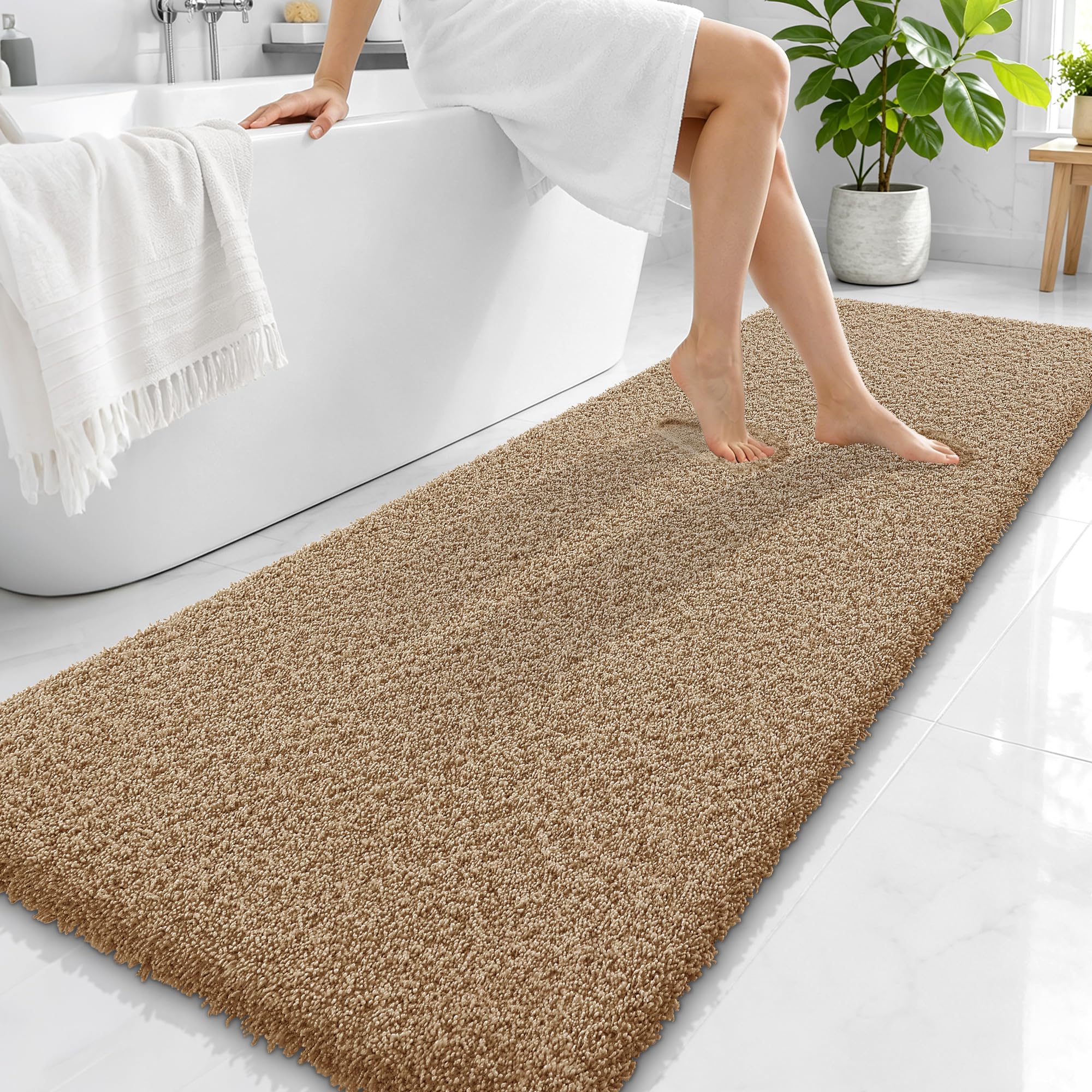 OLANLY Microfiber Bathroom Runner Rugs 70x24, Soft Bath Mat, Dark Beige