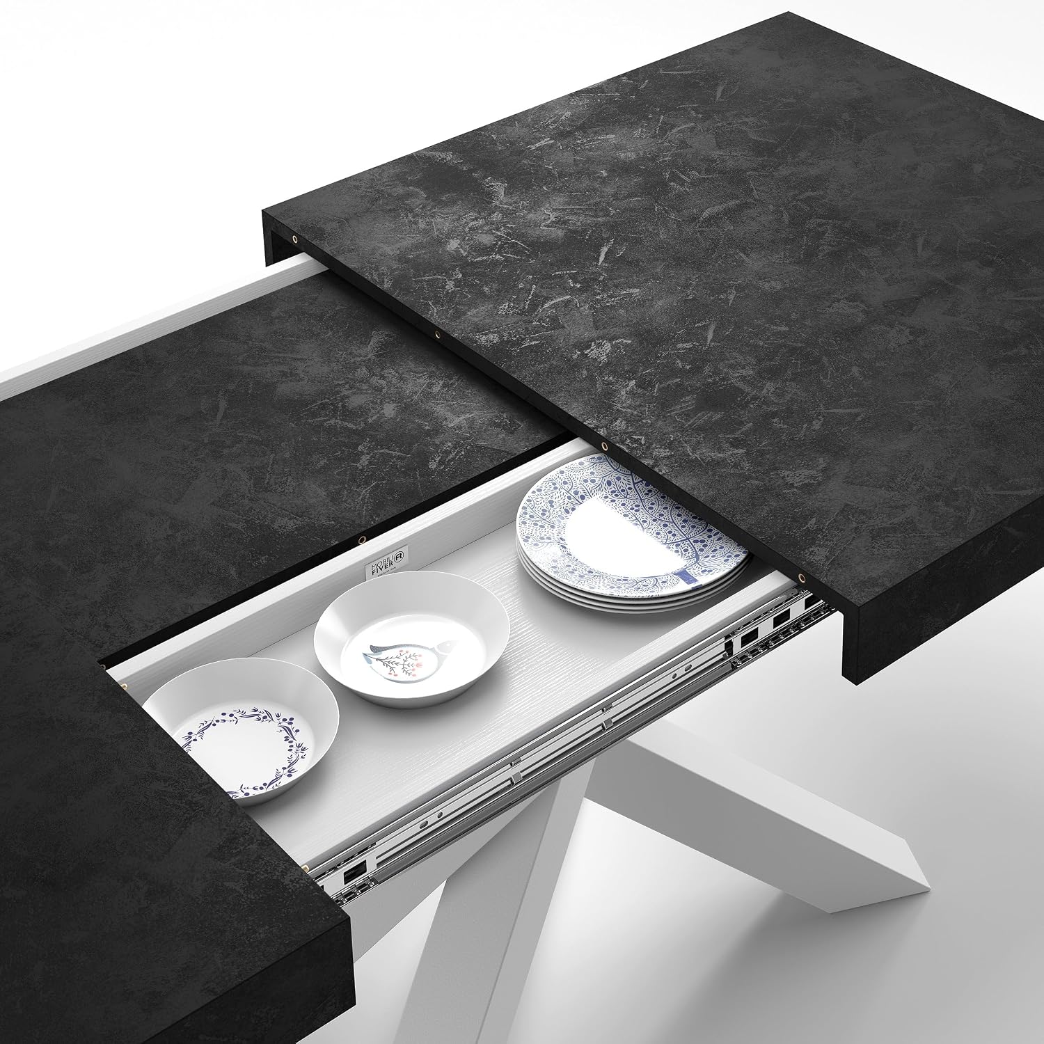 Mobili Fiver, Emma 55.11(86.6) x35.4 in, Extendable Dining Table, Concrete Effect, Black with White Crossed Legs, for 6-10 People, Expandable Dining Table for Kitchen, Living Room, Italian Furniture