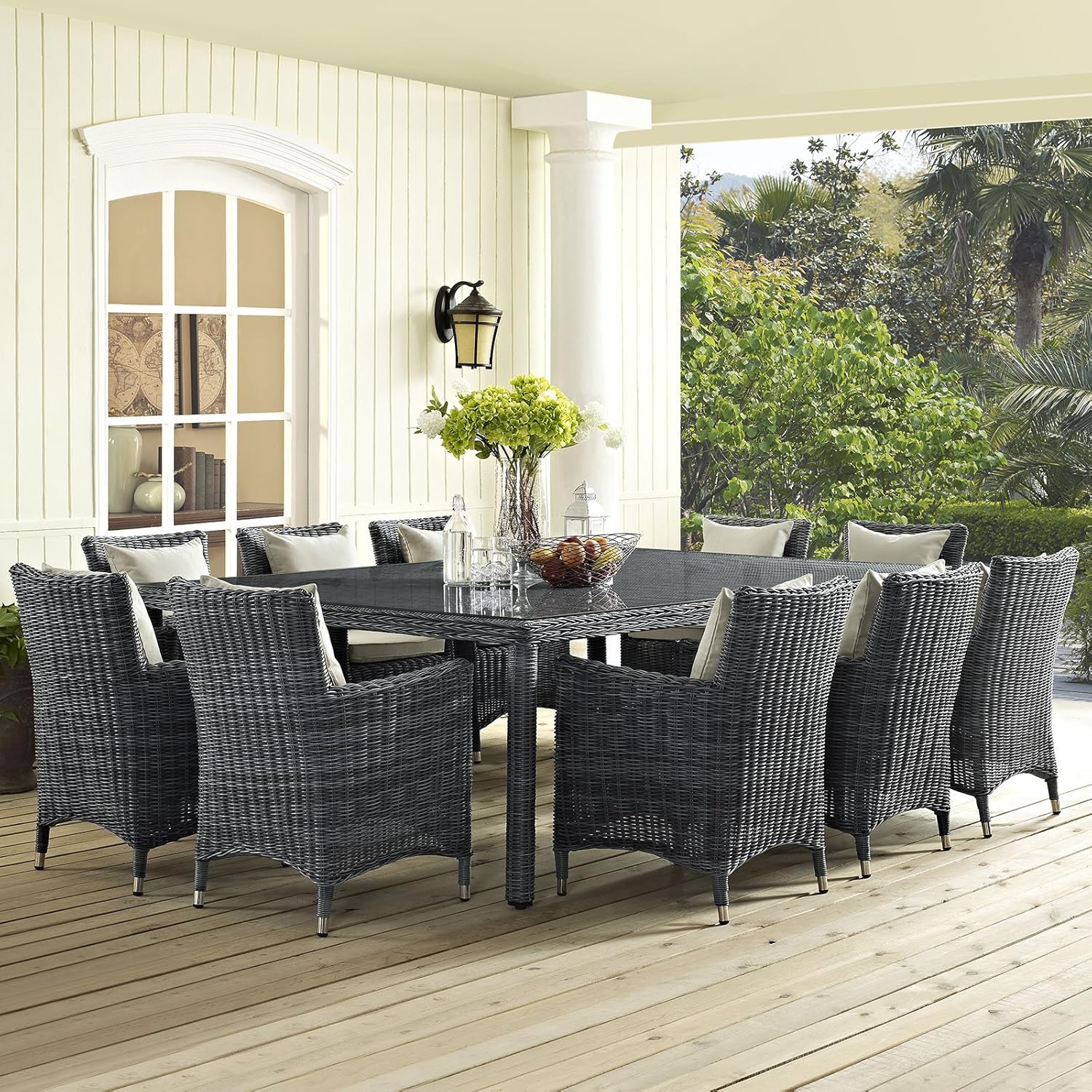 Modway Summon Wicker Rattan Outdoor Patio 90" Rectangle Dining Table in Gray