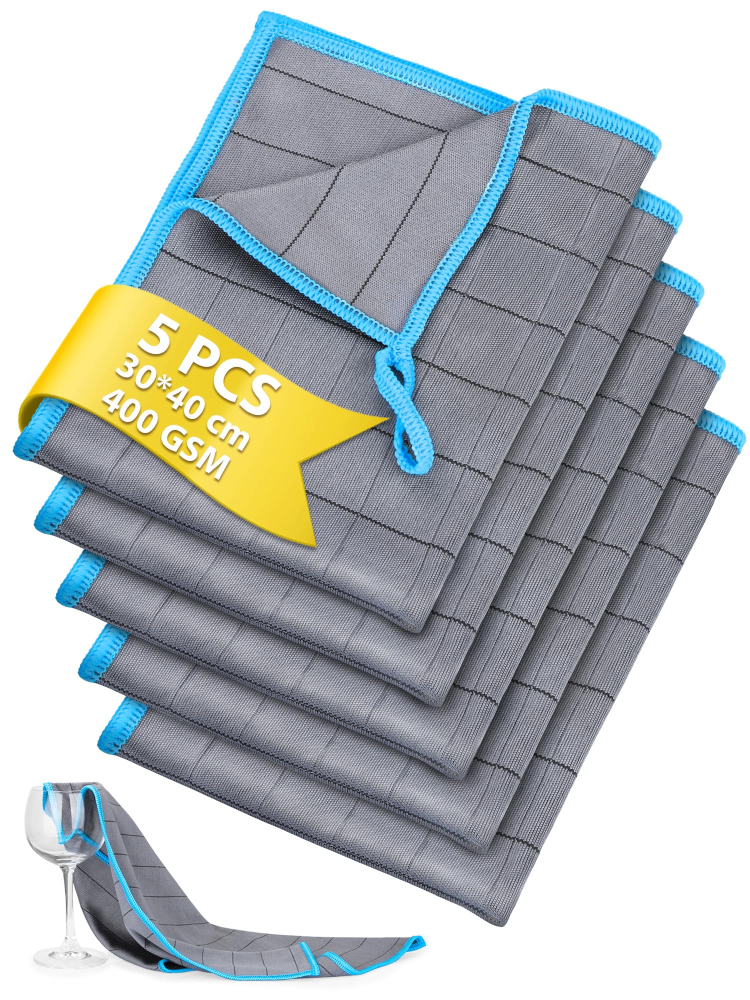 Euqvunn Carbon Microfibre Cleaning Cloths (5 Pack, 30x40cm) – 400 GSM Lint-Free & Streak-Free | Grid Pattern for Stubborn Dirt & Grease | For Home, Kitchen, Car & Glass – Blue