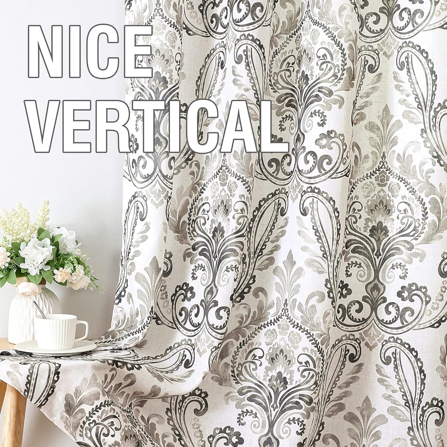 H.VERSAILTEX Linen Curtains for Bedroom Floral Curtains Grommet Rustic Light Filtering Privacy Window Curtain Panels for Dining Room, W 52" x L 63", 2 Panels, Damask Floral Pattern, Grey