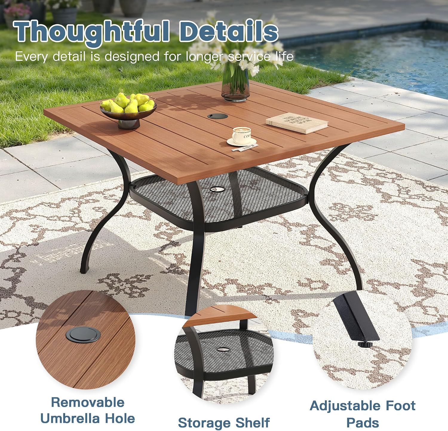 DIFY 5 Pieces Outdoor Dining Set for 4, 37.8" Walnut Square Metal Table with 2 Stackable Wicker Patio Chairs & 2 Swivel Chairs, Patio Furniture Set with Cushions and Umbrella Hole, Wheat Rattan