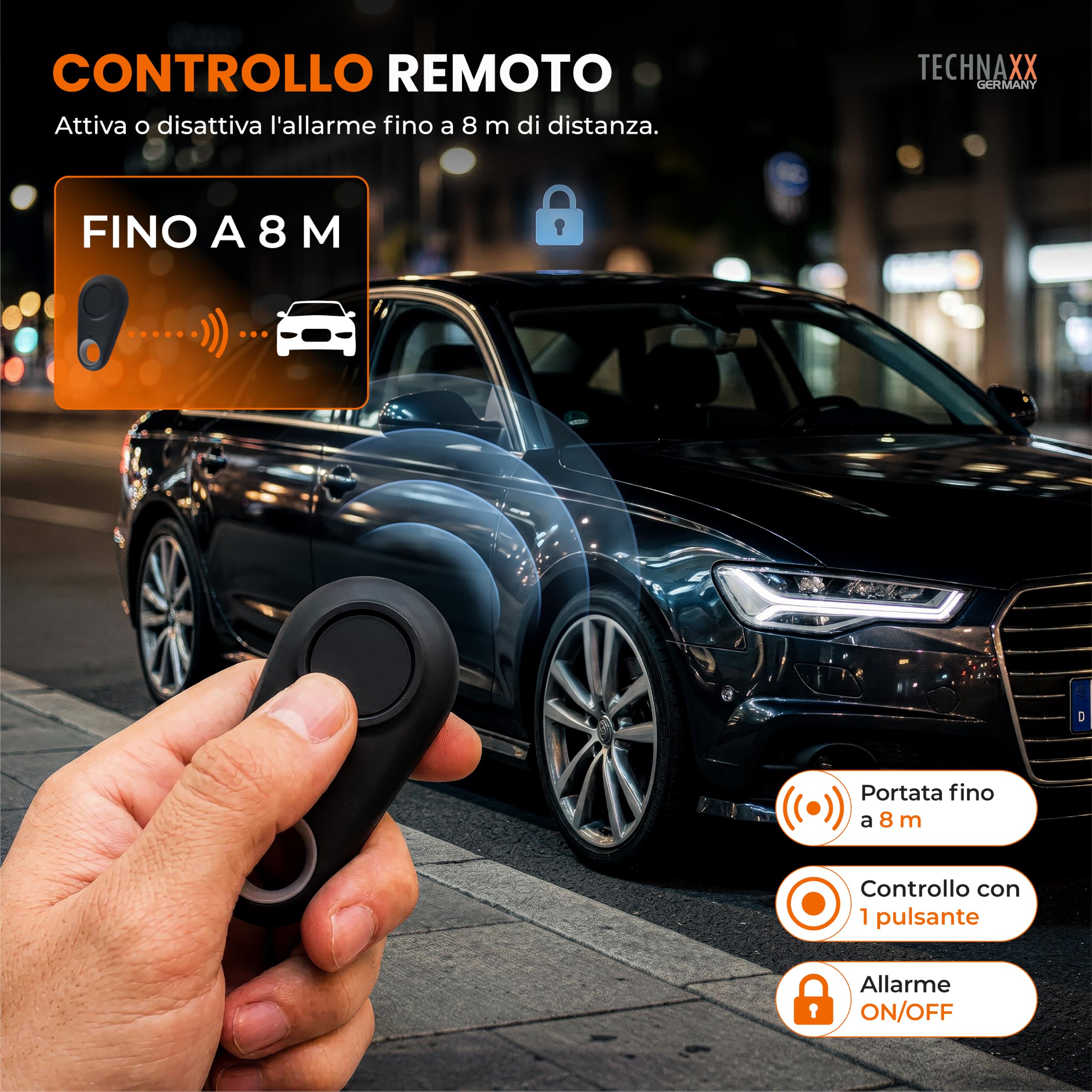 Technaxx Allarme auto con sensore di movimento PIR – Allarme plug-in 12–24V con sirena 110dB, batteria 6 giorni, porte USB-A & USB-C, display LED e telecomando - 2026 Update Model - TX-100