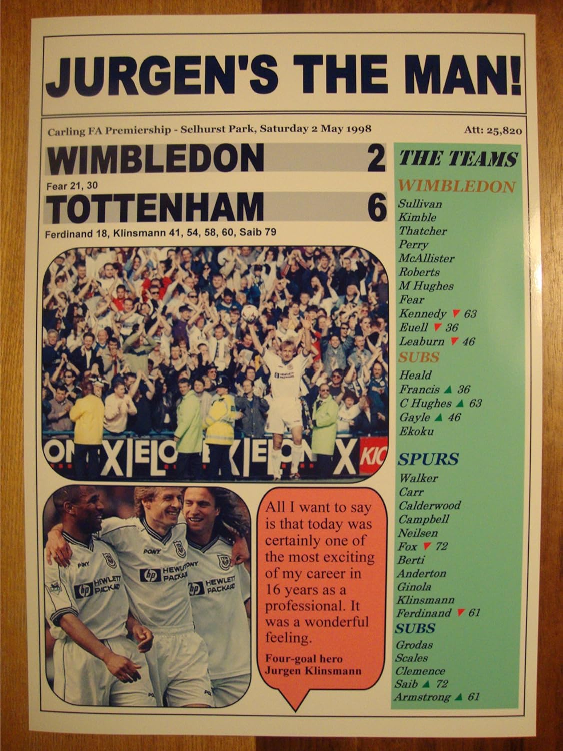 Wimbledon 2 Tottenham Hotspur 6-1998 - Souvenir Print