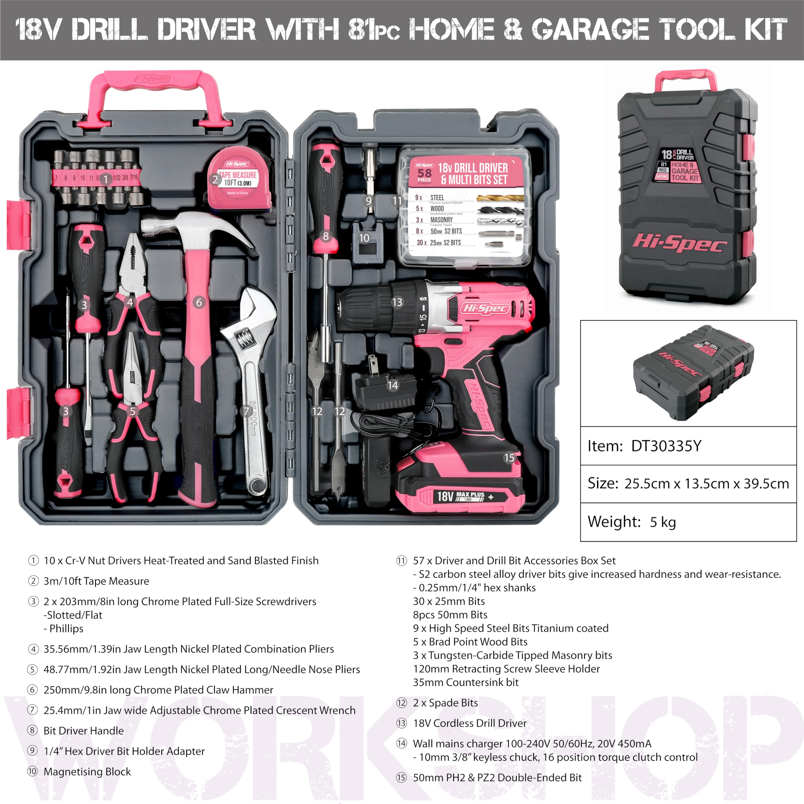 Hi-Spec Avvitatore Elettrico USB, Kit Riparazioni, rosa | montaggi e riparazioni più rapidi, controllo facile e uso intuitivo, design leggero per lavorare senza fatica, 79 pc