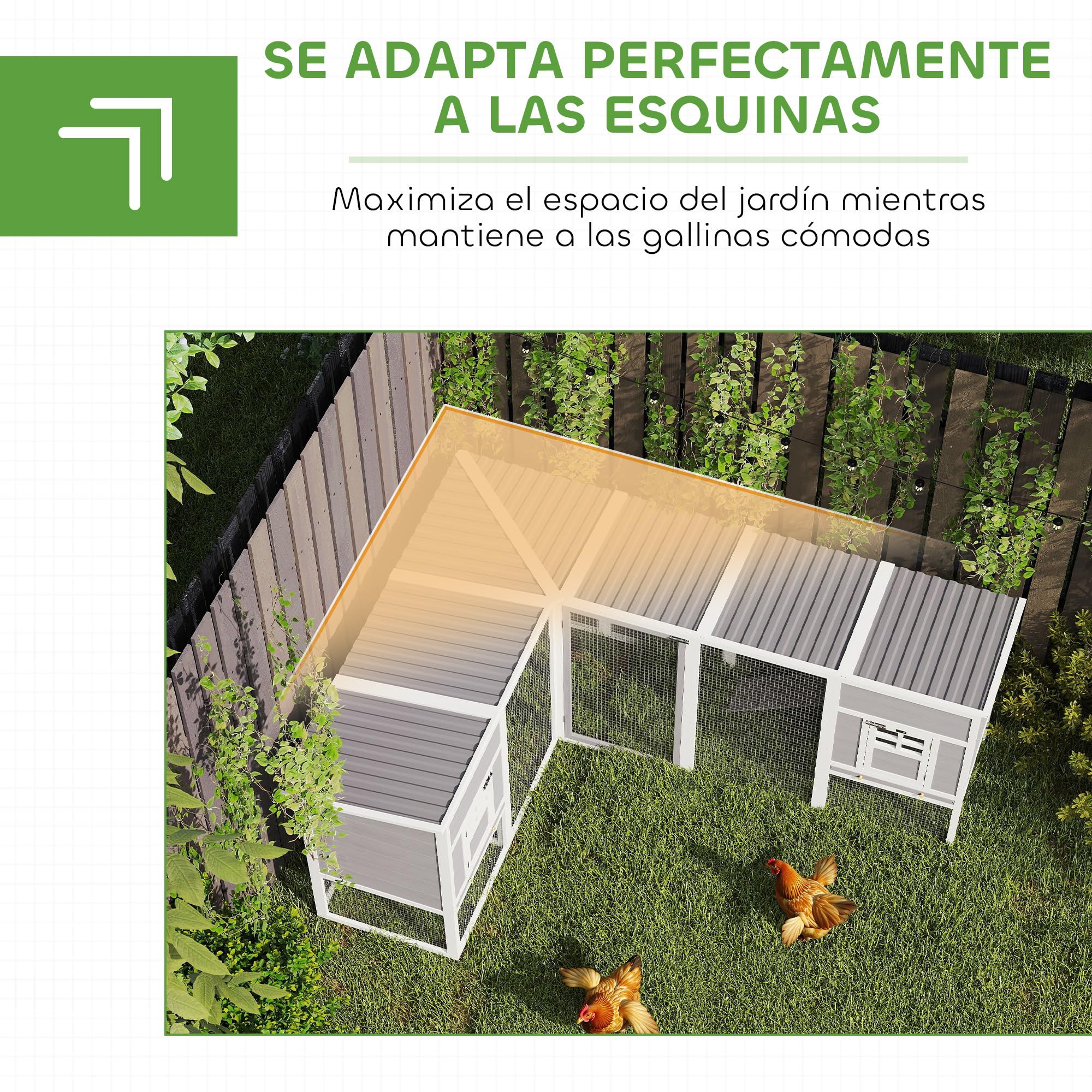 PawHut Gallinero de Madera Grande Exterior, Jaula para Gallinas en L para Esquina, 2 Nidos, Corral, Bandejas Extraíbles, Techo de Pet, Rampas, 251x192x103 cm, Gris