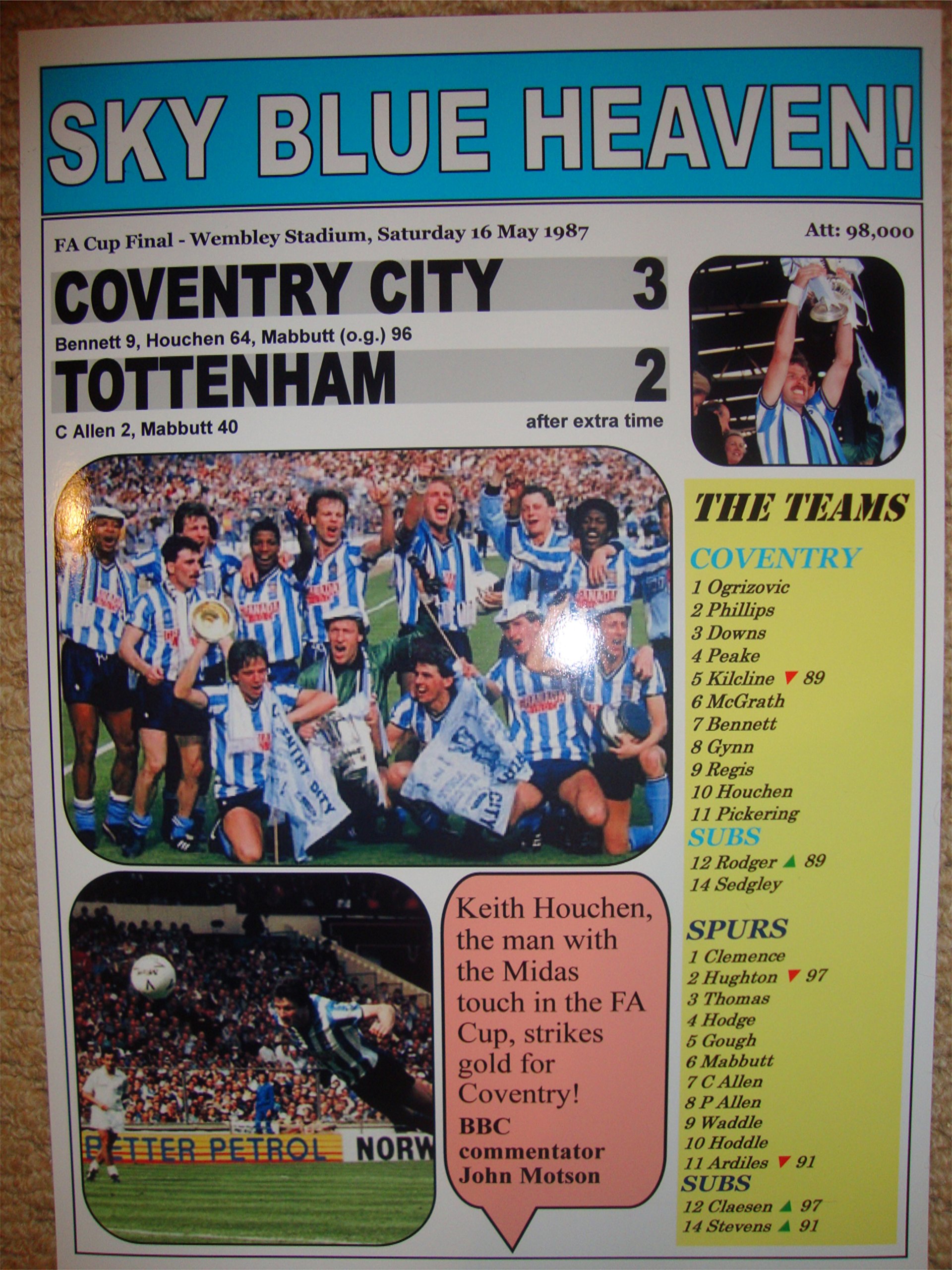 Lilywhite Multimedia White Lily Multimedia Coventry City 3 Tottenham Hotspur 2-1987 Fa Cup Final - Souvenir Print