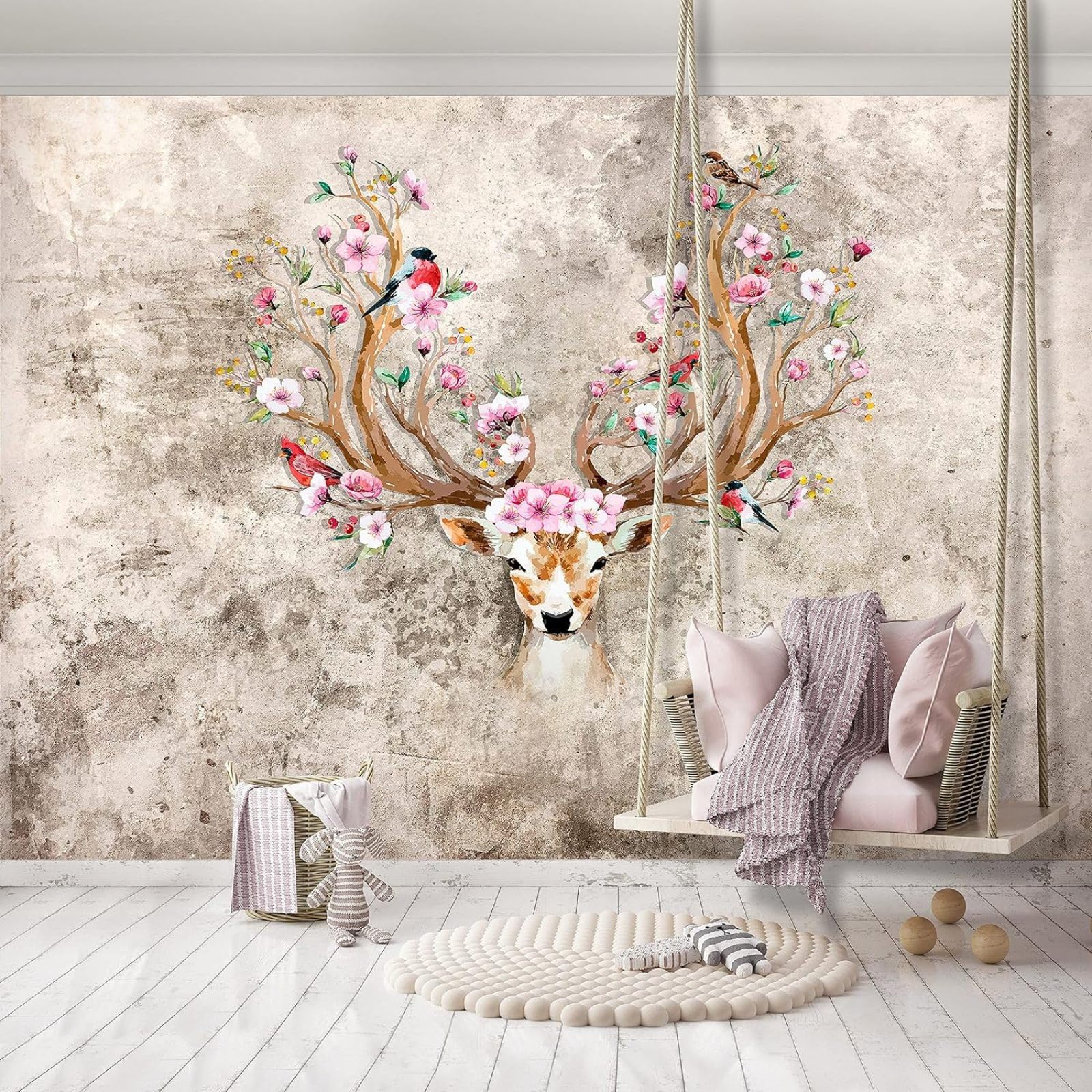 Kfjhgbdshhj Girls 3D Mural Photo Mural-Wallpaper Deer Flowers Children's Room Fairy Tale,250Cmx175cm Poster - Wall Sticker - Frameless Picture