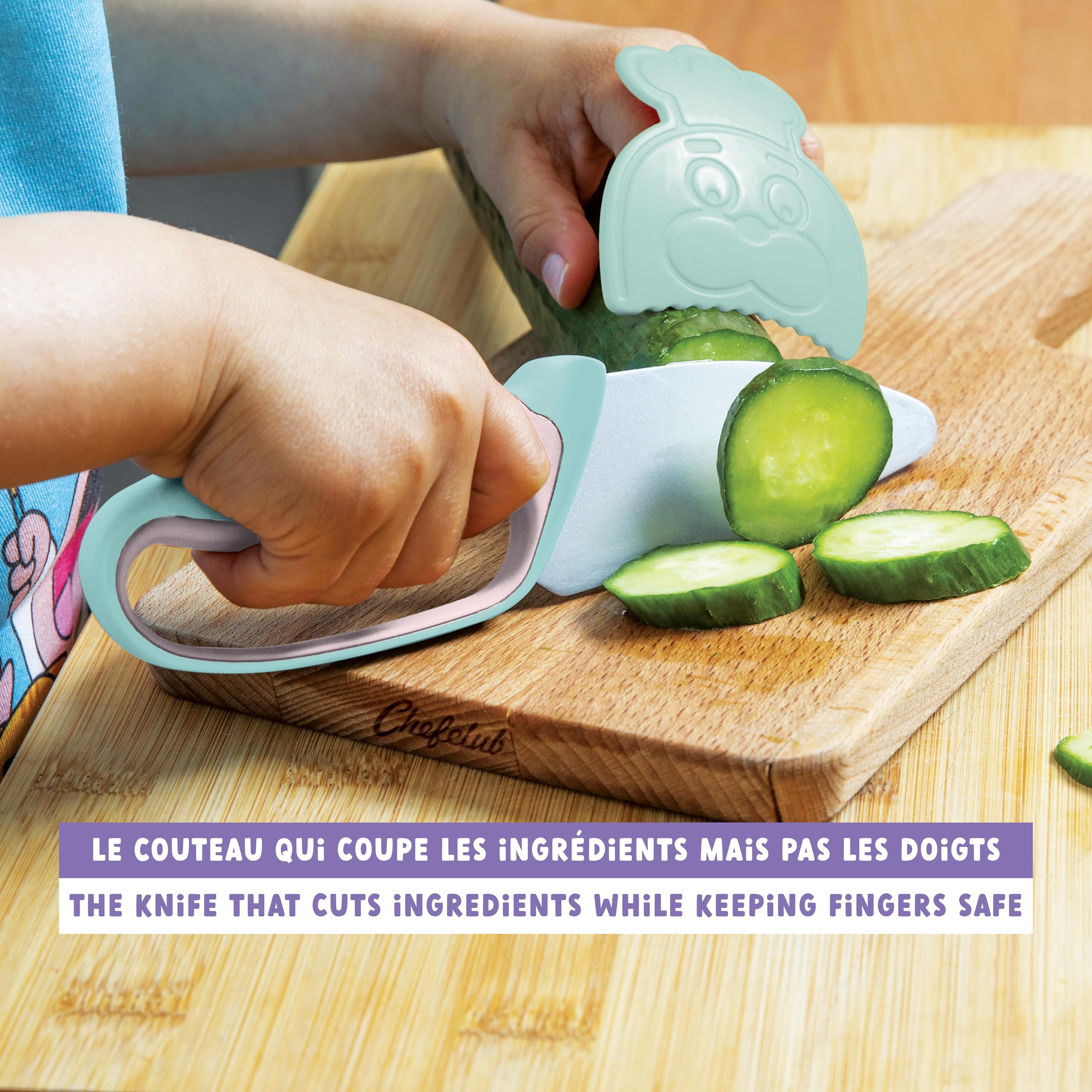 CHEFCLUB KIDS - Kit de cuchillos de cocina para niños - Hoja de acero inoxidable - Protector de dedos y hoja - Utensilio seguro y ergonómico - Rosa y verde pastel - Ideal a partir de 7 años