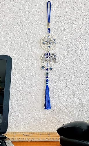 Miniatura 6 de Árbol de la vida de ojo azul de la suerte + colgante doble de elefante feliz con cordón azul y borlas  Adorno para colgar en el coche  Accesorios