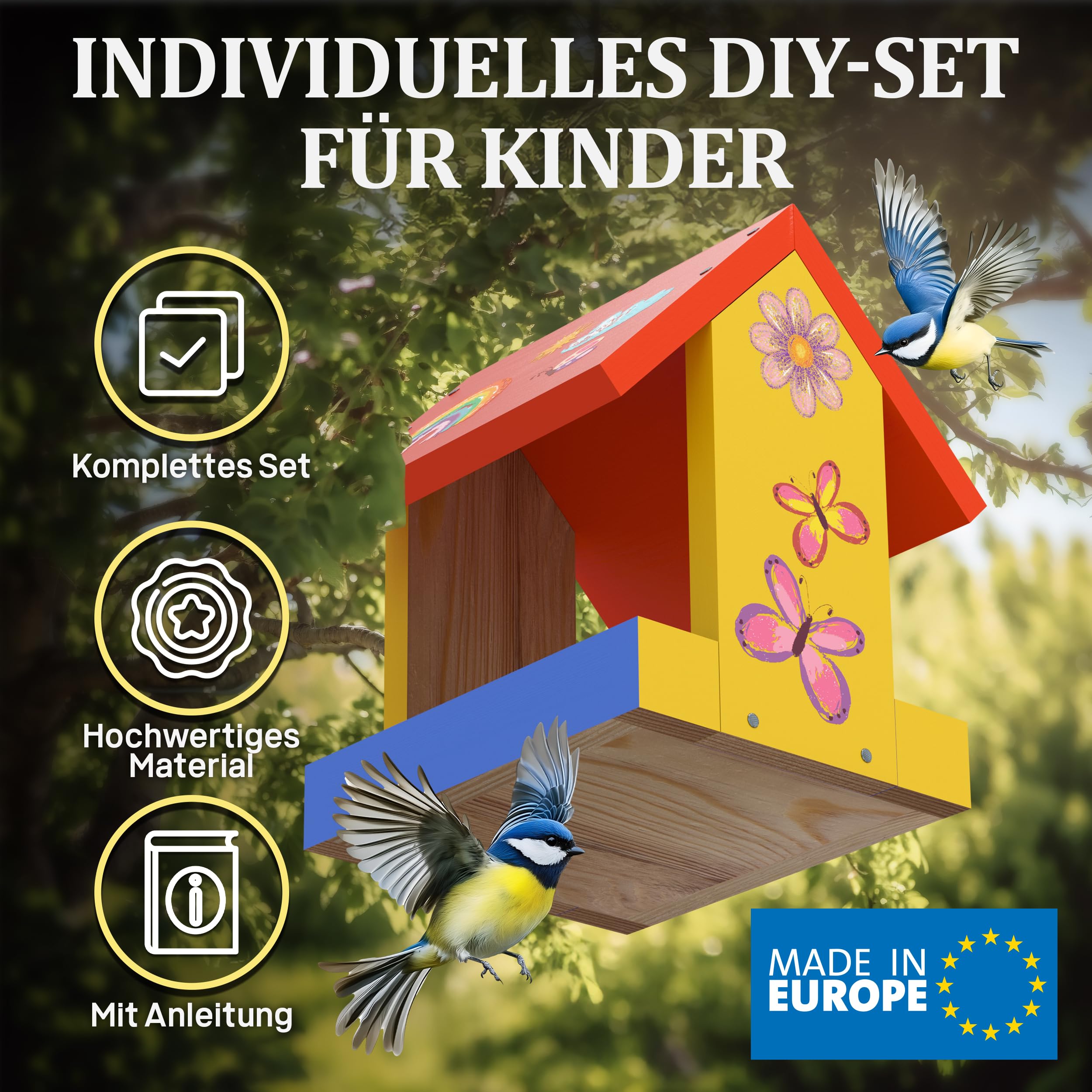 Eli® Vogelfutterhaus Bausatz für Kinder aus Kiefernholz zum bemalen inkl. 6 Farben - Pinsel - Hammer - kreative Schablonen - Vorlagen und Nägel - Nistkasten