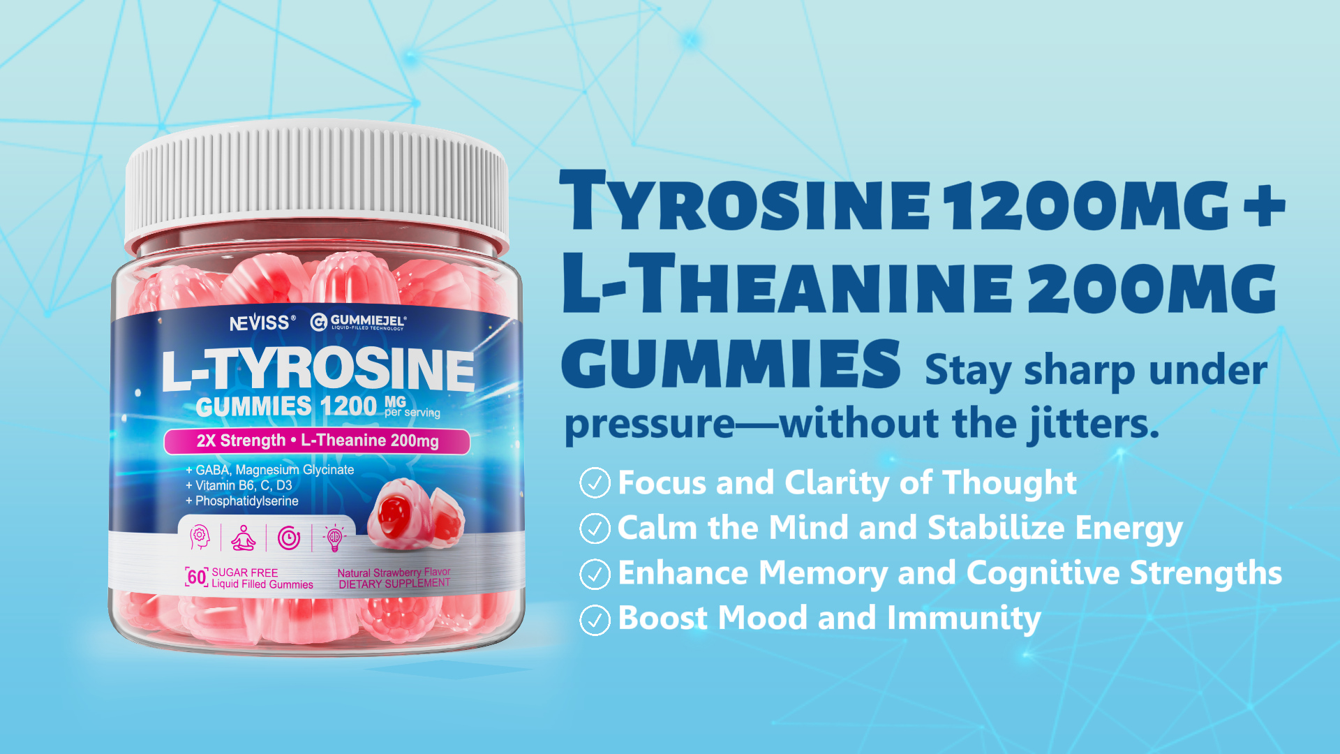 Amazon.com: L Tyrosine Gummies Supplement 1200mg, GABA L-Theanine  Supplement 200mg with Magnesium Glycinate Vitamin B6, D3 & C - Calm & Focus  Gummies